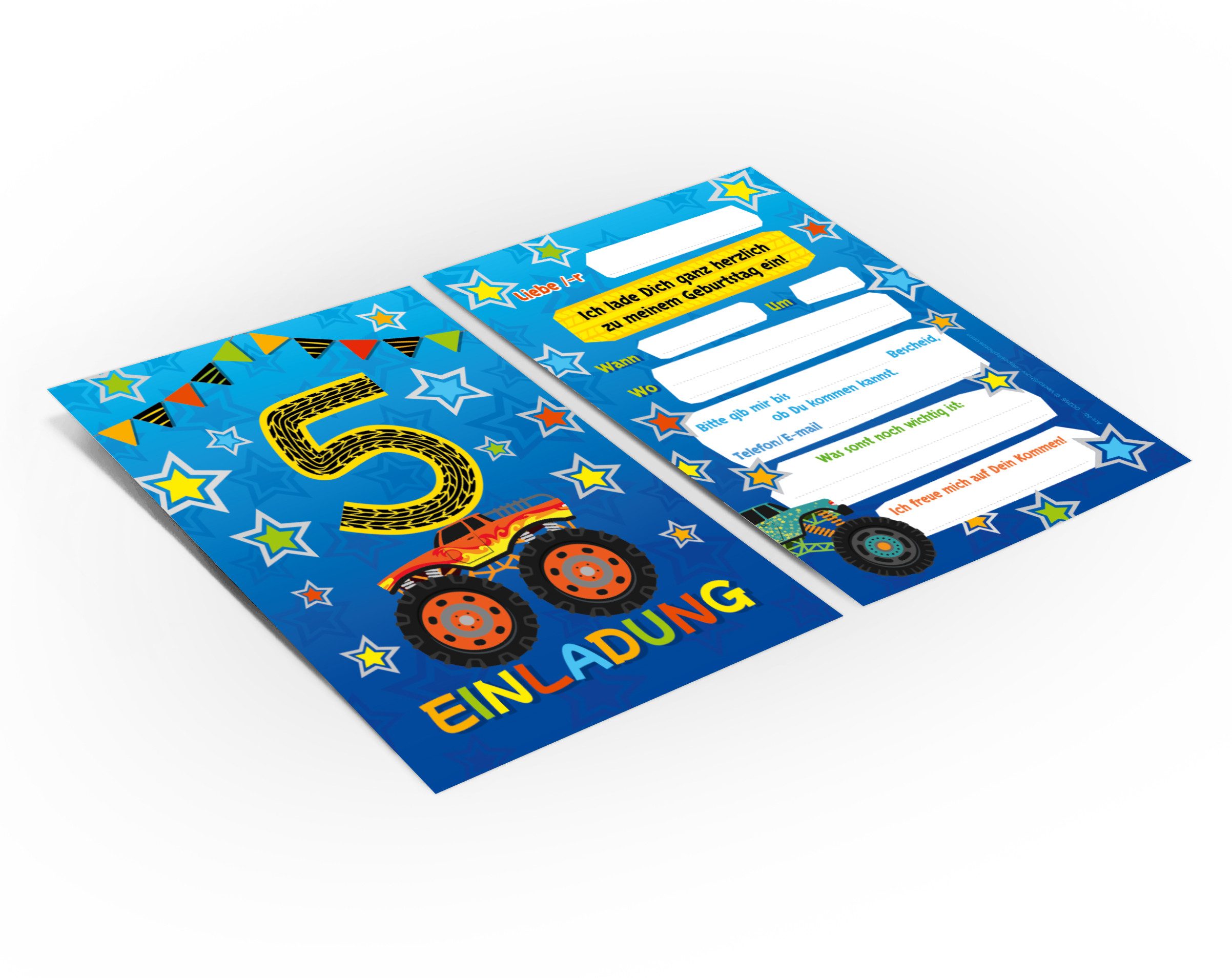 JUNAPACK Einladungskarten Auto zum 5. Kindergeburtstag Jungen Einladungen Karten Monster Truck, Einladungskarten mit einem Monster Truck Motiv zum fünften Geburtstag