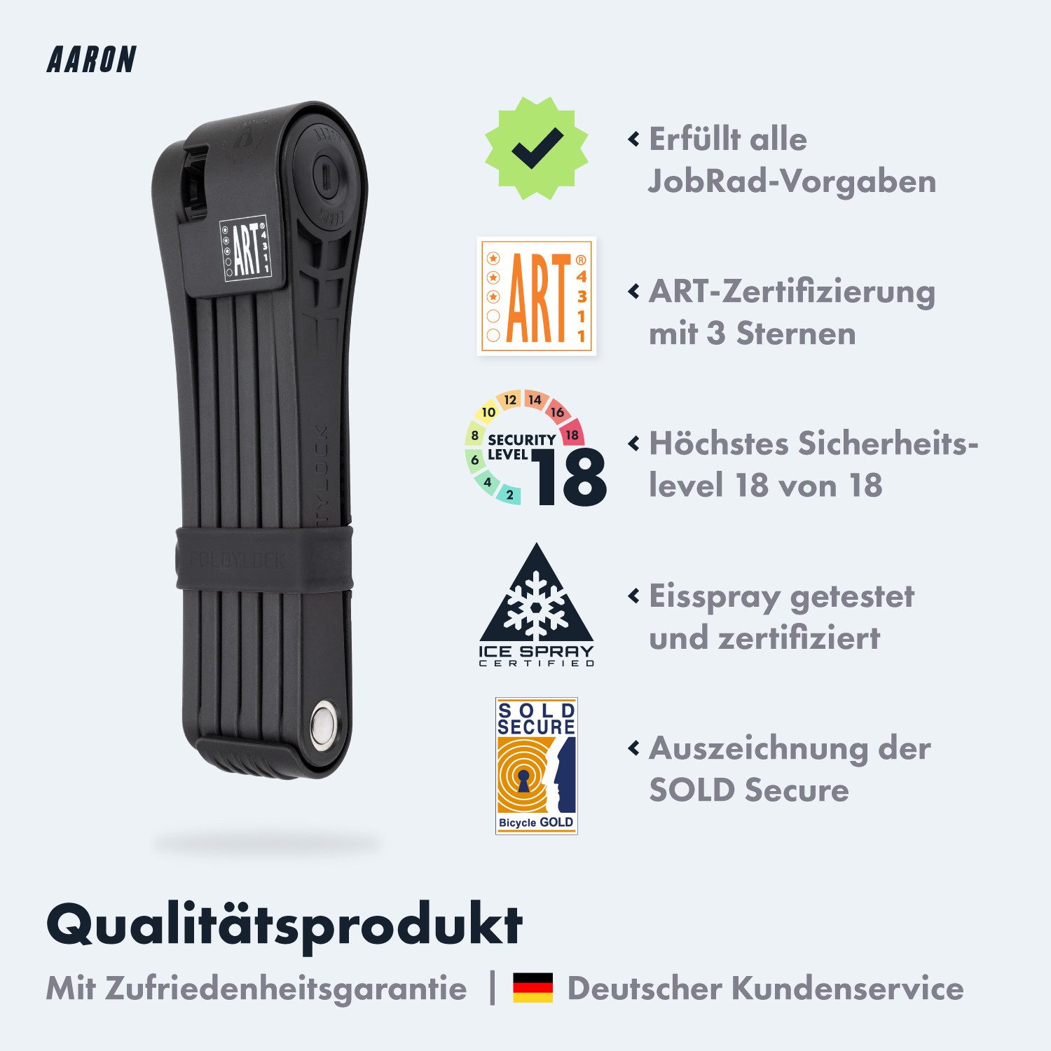 AARON Faltschloss Stufe 18 Hochsicherheits-Faltschloss mit Halterung 110 cm Fahrrad