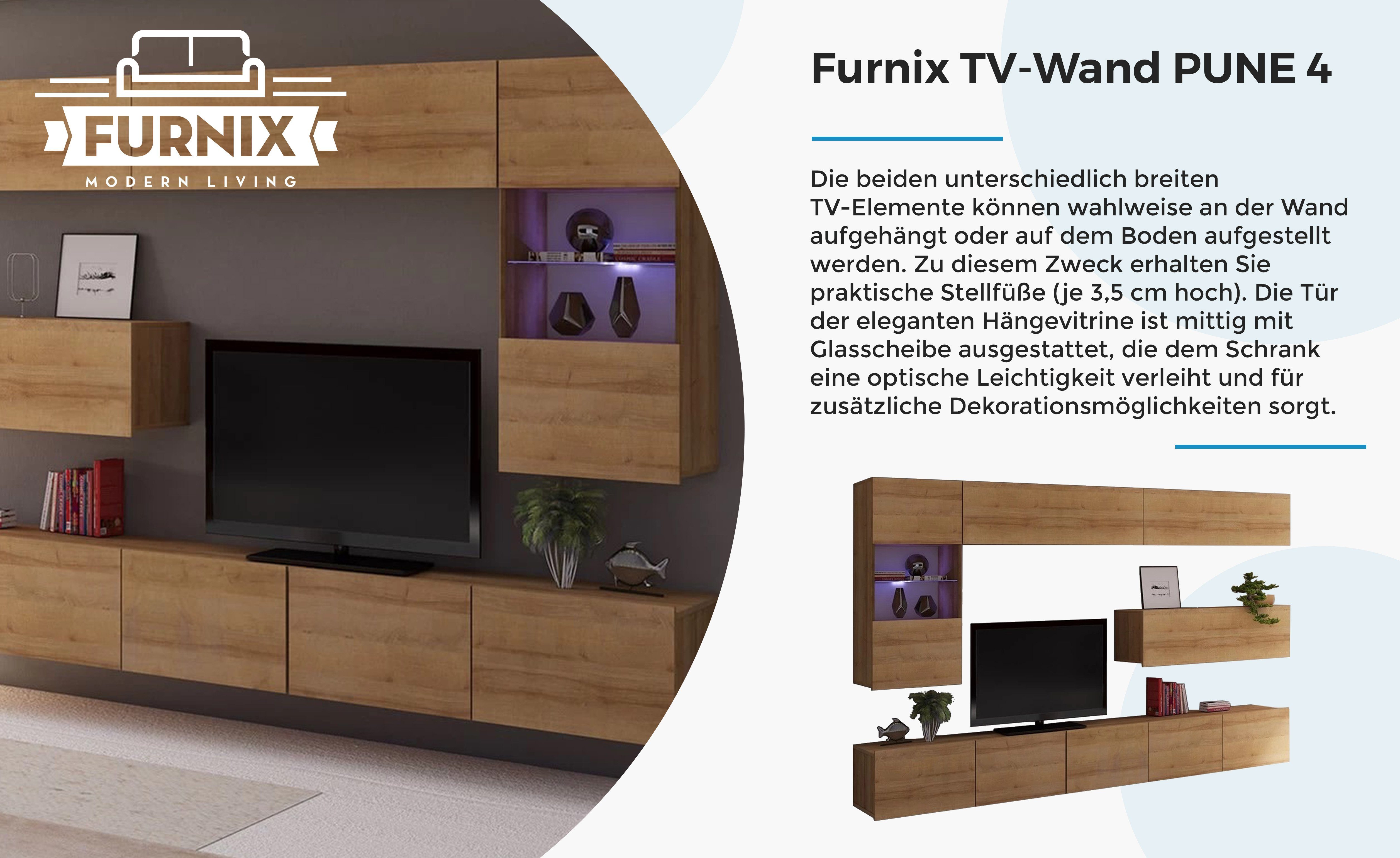 TV-Wand 4 Eiche Furnix Gold m 6 Wohnwand teilig Breite cm, Möbelwand, PUNE 2,55 260017652787 Hochglanz Mediawand, Auswahl,