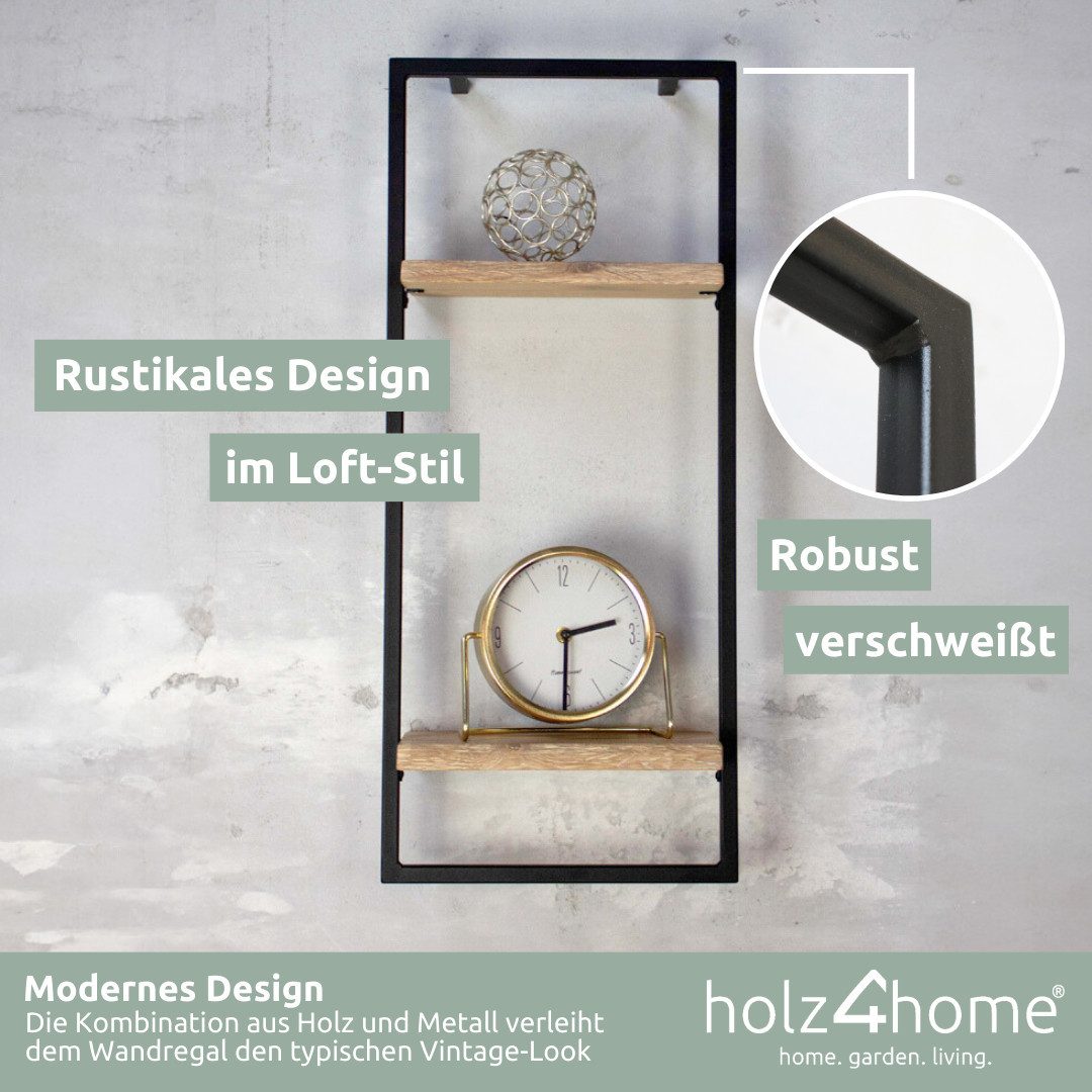 holz4home® Wandregal Eiche Hellgrau mit Metallrahmen Schwarz I Ohne Baumkante, Industrial Schweberegal