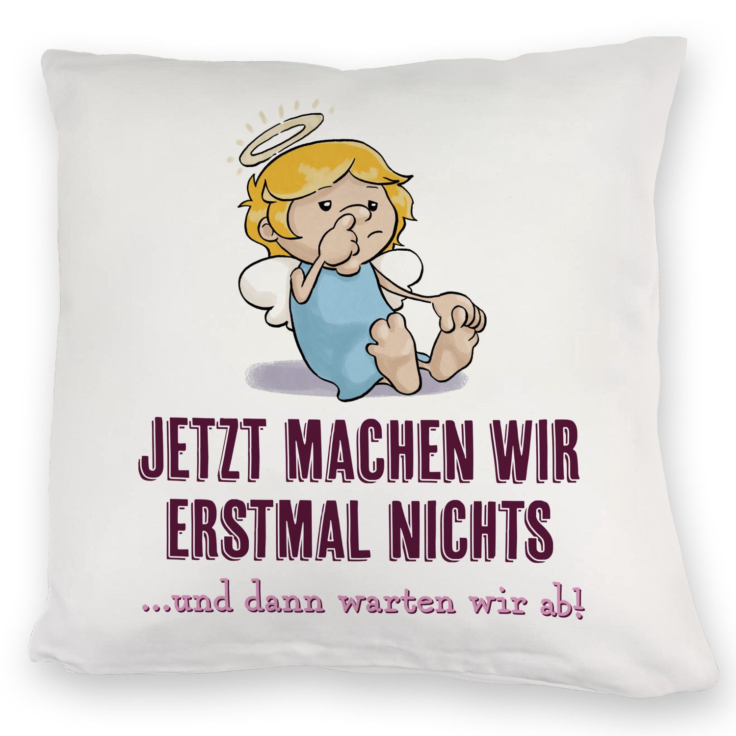 speecheese Dekokissen Engel Kuschelkissen mit Spruch - Wir machen nichts und warten ab