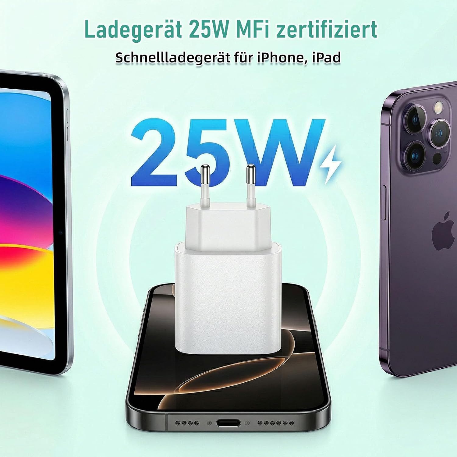 LaCute 25W USB-C Ladegerät mit 1m Kabel für iPad iPhone Schnellladegerät Schnelllade-Gerät (USB-C Ladegerät mit 1 m Ladekabel, 25W USB-C Netzteil inklusive 1 m  – Bild 3 von 5