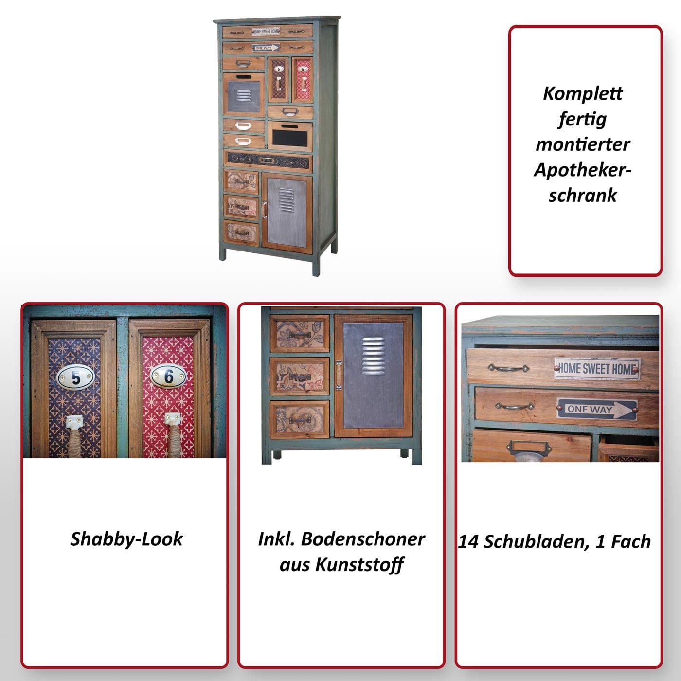 MCW Apothekerschrank MCW-A43-138 14 Schubladen, mit Staufach, Shabby-Look, Inklusive Bodenschoner