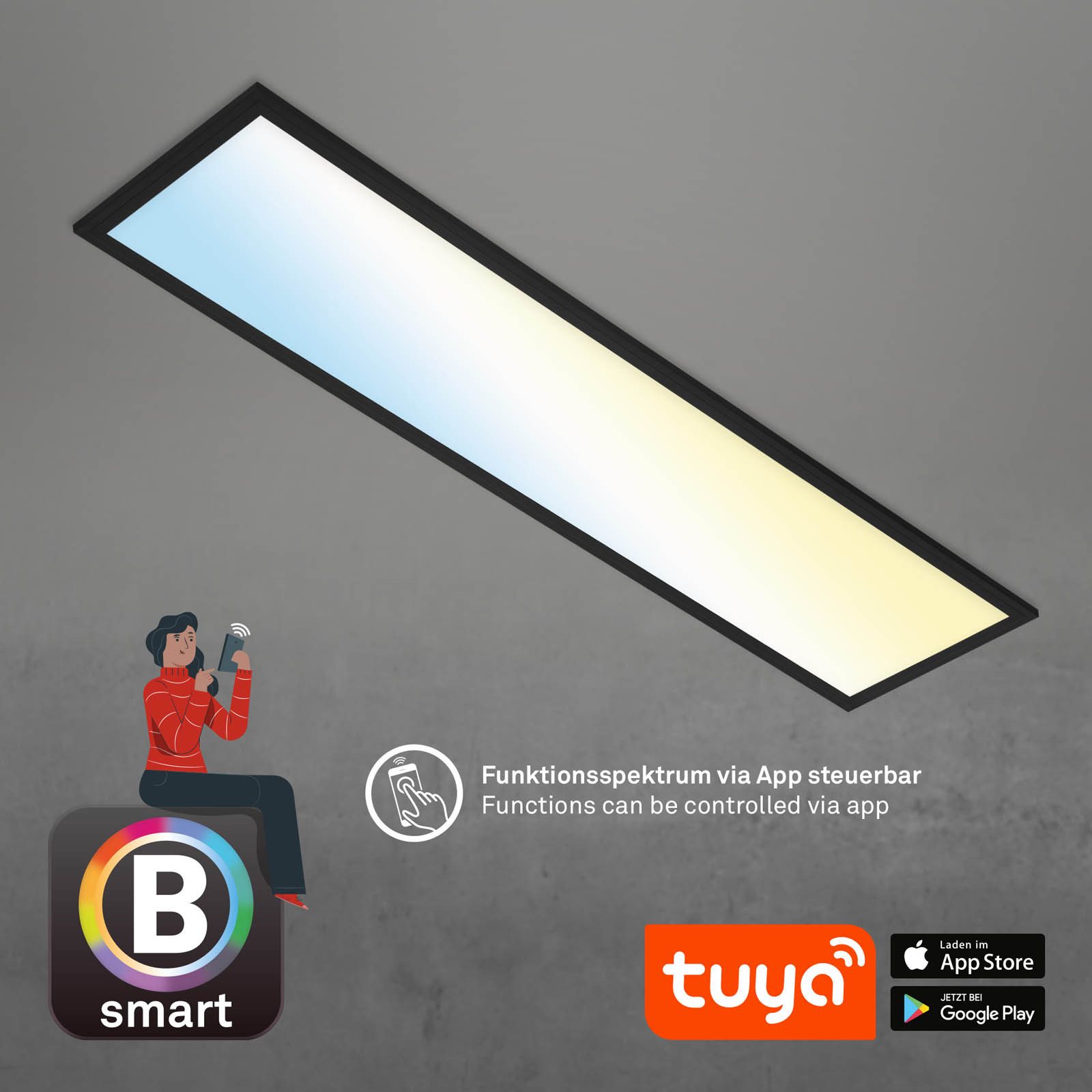 Briloner Leuchten LED Panel PIATTO S, 2700K, Smarte Deckenlampe, 100x25x6,6cm, 28W, Wohnzimmer, Schlafzimmer