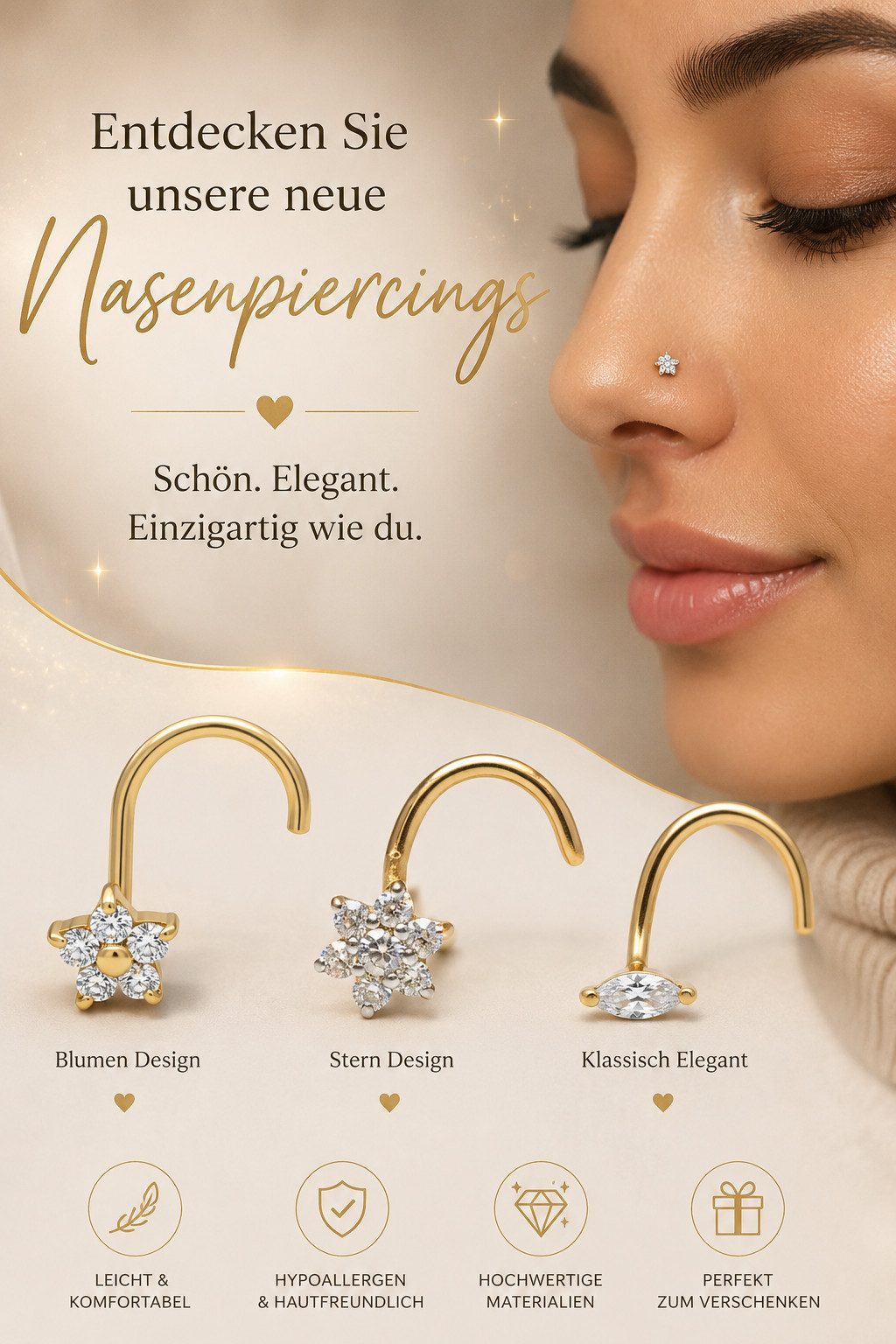 Karisma Nasenpiercing Nose Stud Piercing Echt Gold 14 Kt Gelbgold 585, Kristallstein 1,5mm Weiss