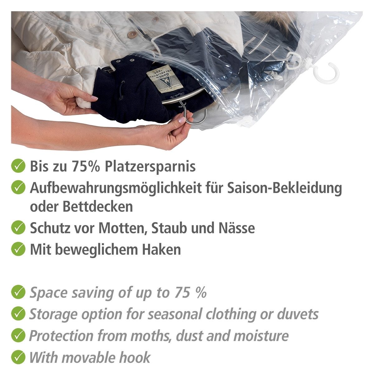WENKO Kleidersack Vakuum Größe L & XL (Set, 2 St) Vakuumbeutel für Kleidung, platzsparend im Kleiderschrank – Bild 5 von 5