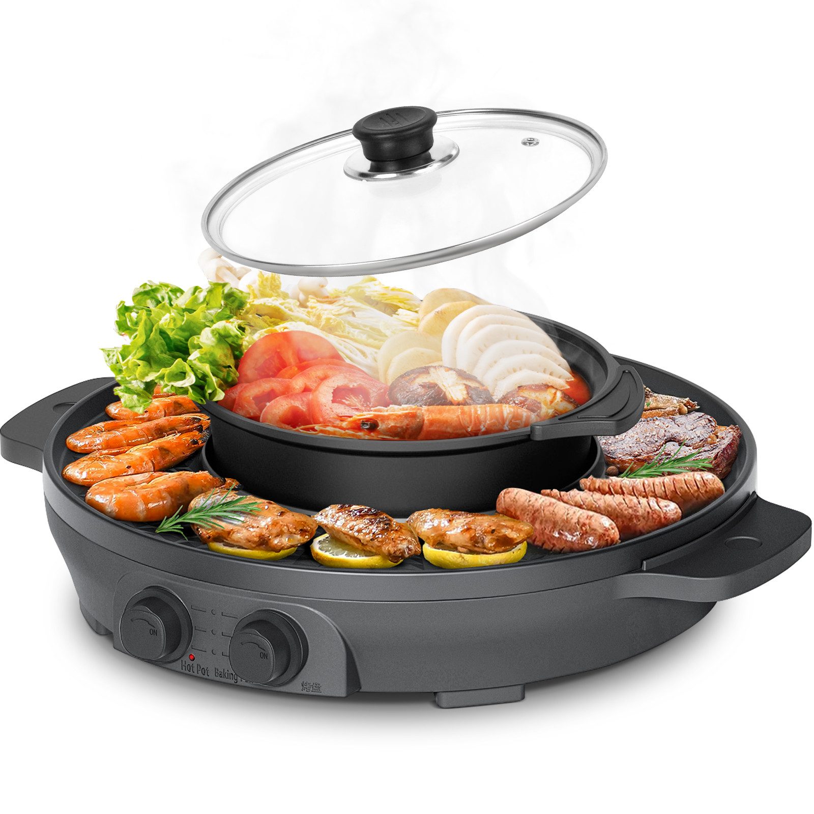 ENFRIFAM Teppanyakigrill Elektrische Hot Pot mit Grill, 2 in 1 Grillplatte Party-Pfanne Elektro, Antihaftbeschichtung, für 2-8 Personen, Doppelte Trennung Design