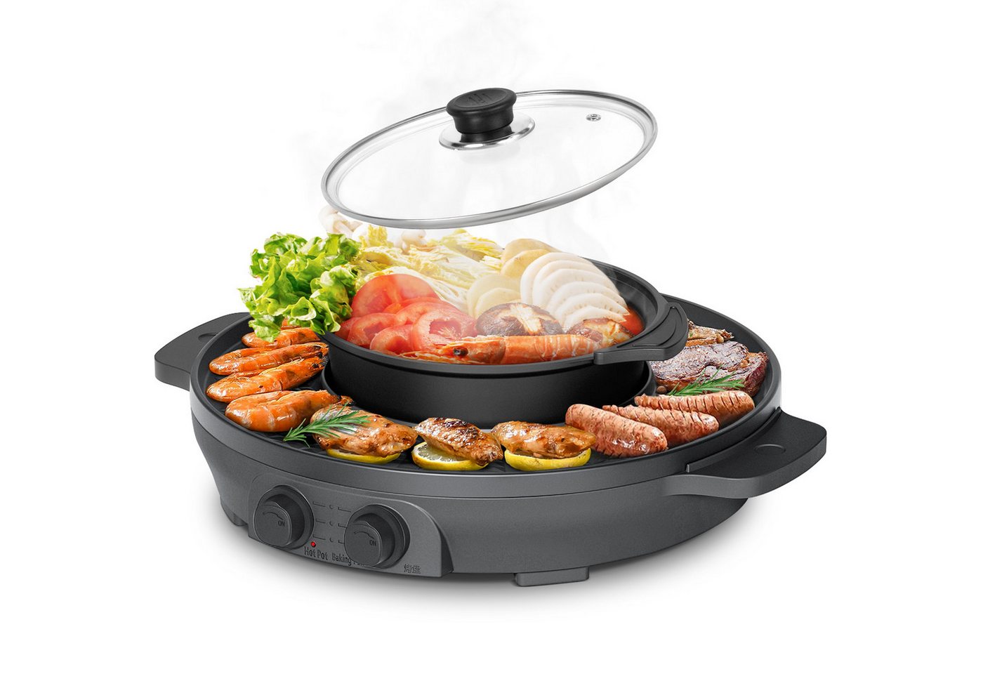 ENFRIFAM Teppanyakigrill Elektrische Hot Pot mit Grill, 2 in 1 Grillplatte Party-Pfanne Elektro, Antihaftbeschichtung, für 2-8 Personen, Doppelte Trennung Design