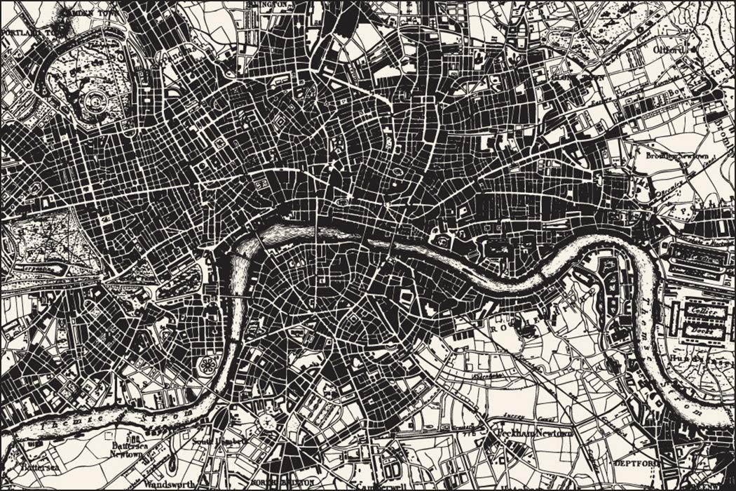 Muralo Fototapete Weltkarte – Fototapete Wandtapete Vlies Wanddeko Wohnzimmer, bedruckt, Alte Karte – Schwarz-Weiß London, 180 x 120 cm, Vlies