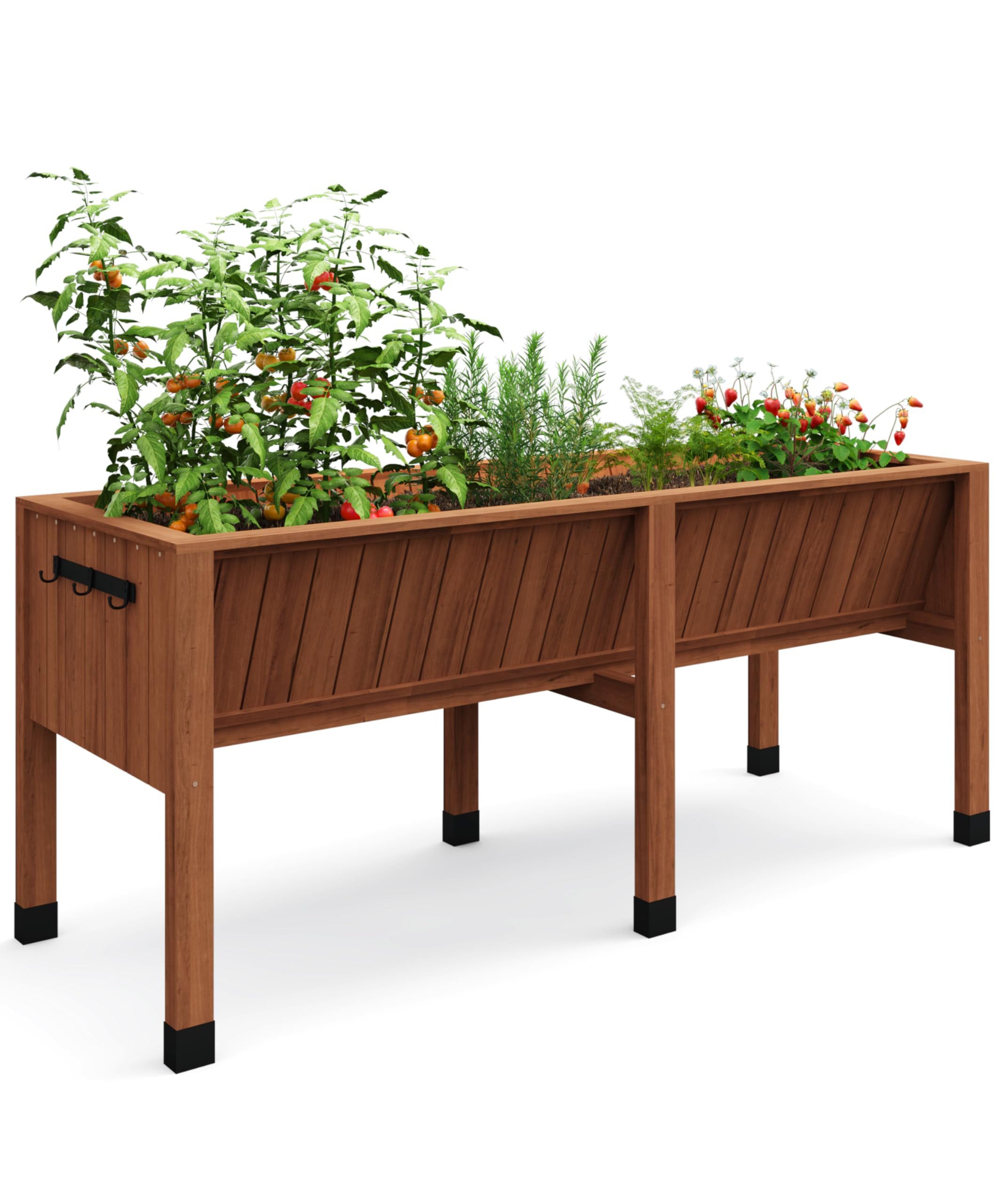 GarveeMore Blumenständer Hochbeet aus Holz Eichen‑Optik 183x66x79cm, ergonomisch, mit Beinen für Garten‑ und Balkonanbau, Eichen‑Optik| Massivholz