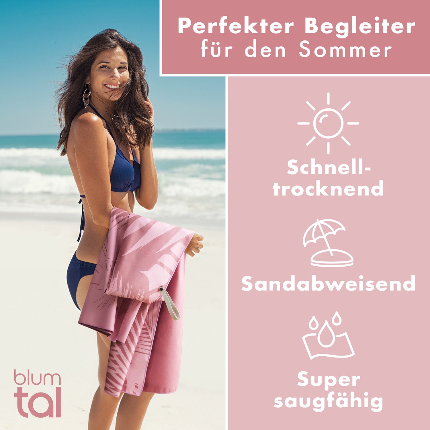 Blumtal Reisehandtuch Strandhandtuch 90x180 cm aus Mikrofaser - kompakt & schnelltrocknend, sandfrei mit Band - Mikrofaser Handtuch groß mit Wellen-Muster – Bild 4 von 5