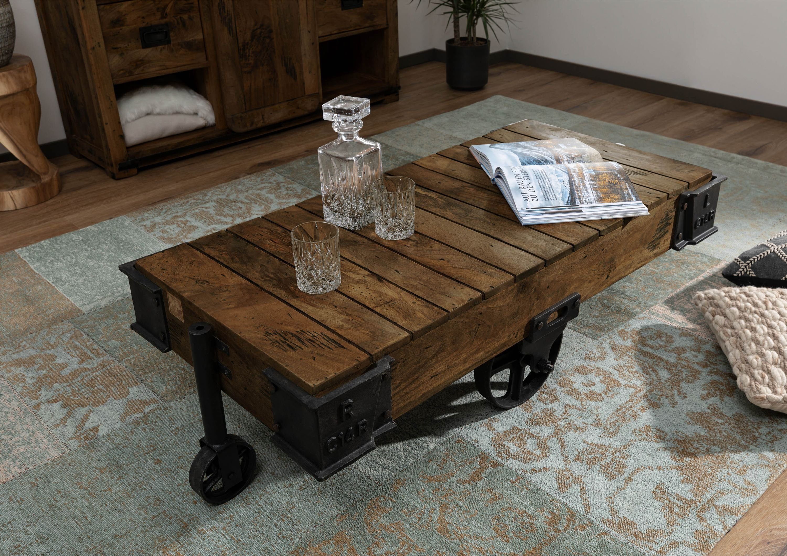 Massivmoebel24 Couchtisch RAILWAY (Massivholz, Massivholztisch), Couchtisch Mango 120x60x43 braun lackiert RAILWAY #460