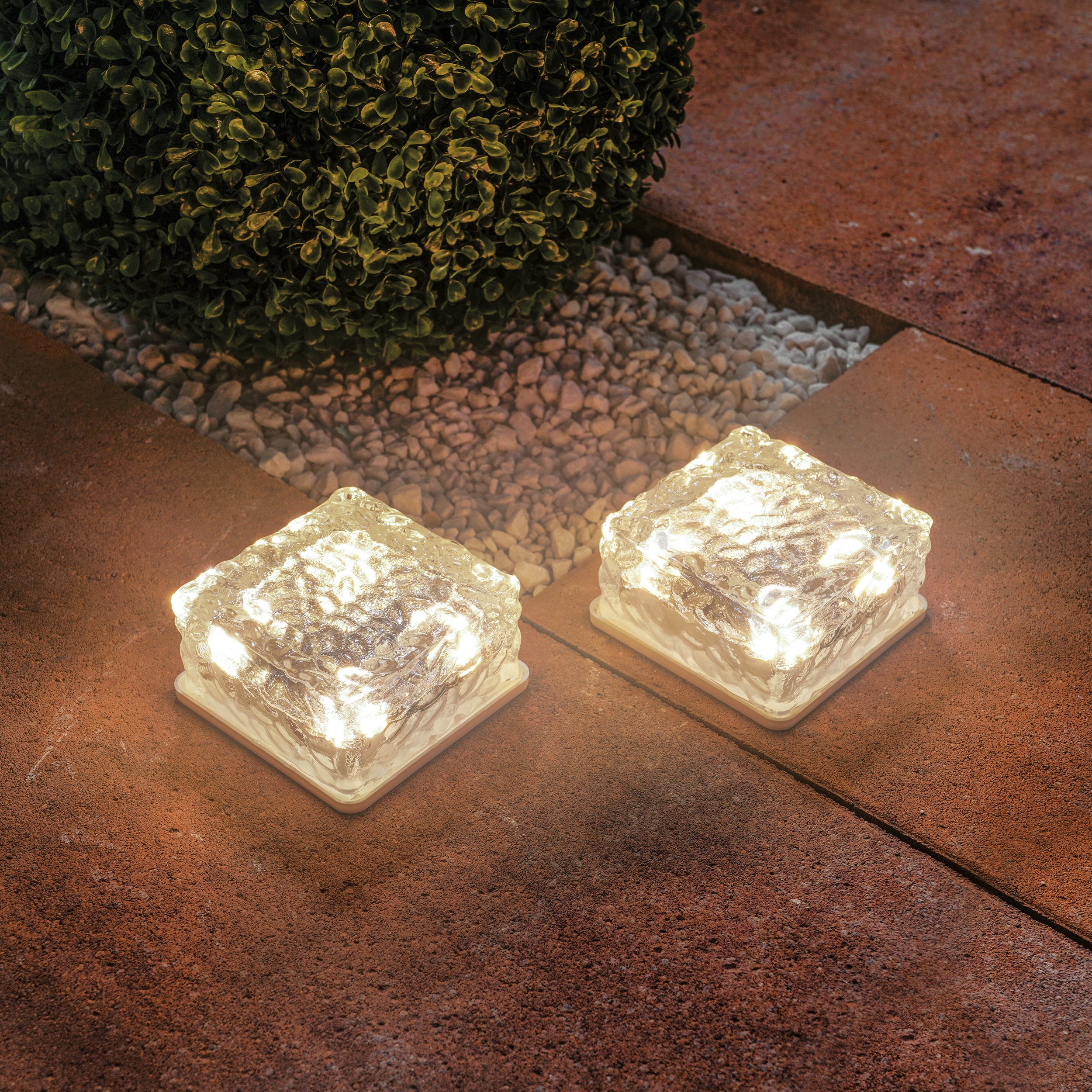 esotec LED Solarleuchte 2x Echtglas Leuchtsteine je 10x10x5cm 8-LEDs 3000K 6500K außen 102560, Dauerlicht, LED fest integriert, 3000K warmweiß, 6500K kaltweiß, Echtglas, 8 LEDs, Leuchtzeit bis 40Std., Akku wechselbar, SOLAR