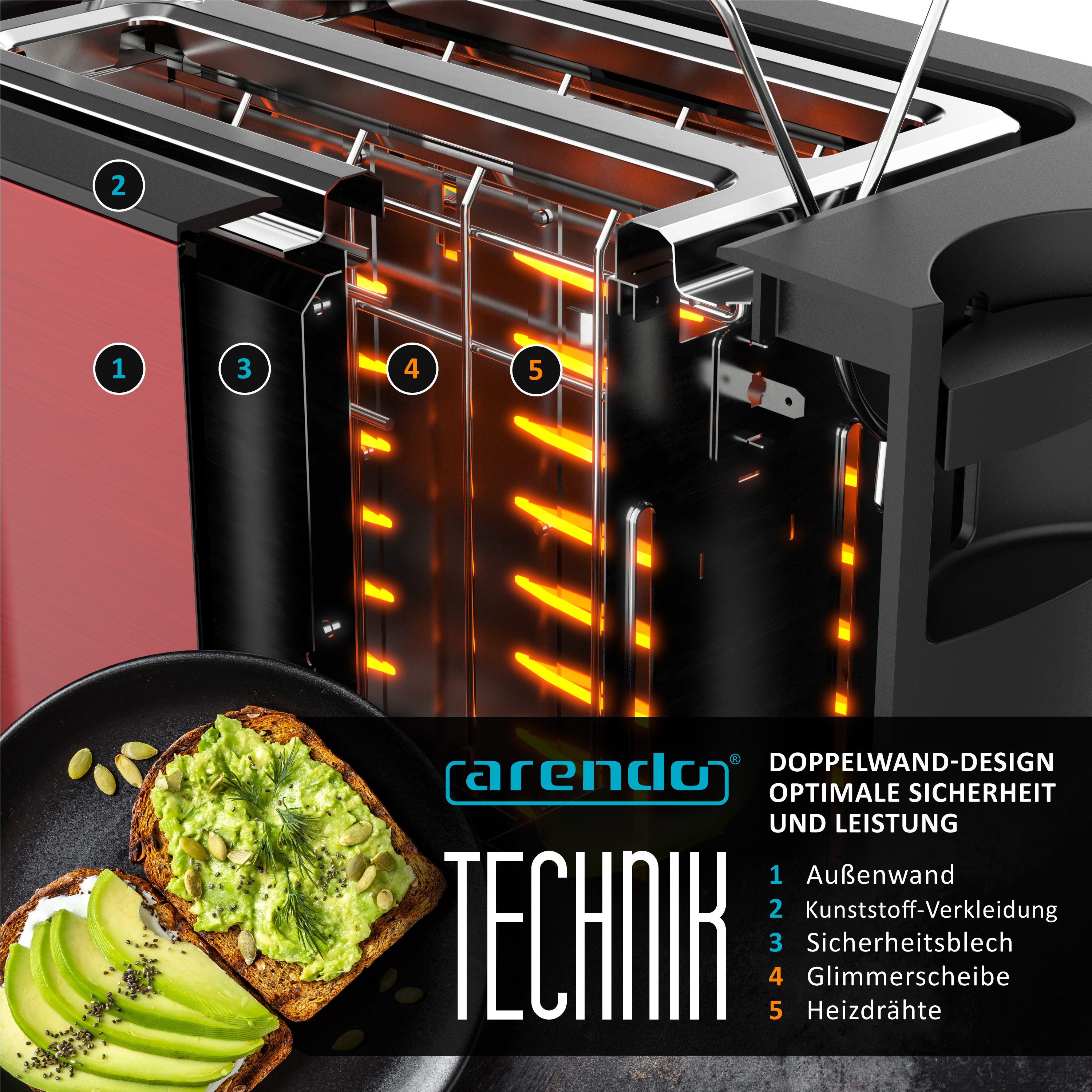 Arendo Toaster Wärmeisoliertes Doppelwandgehäuse, Display mit Restzeitanzeige, 2 kurze Schlitze, für 2 Scheiben, 800 W, Touchpanel, Brötchenaufsatz, 7 Bräunungs – Bild 5 von 5