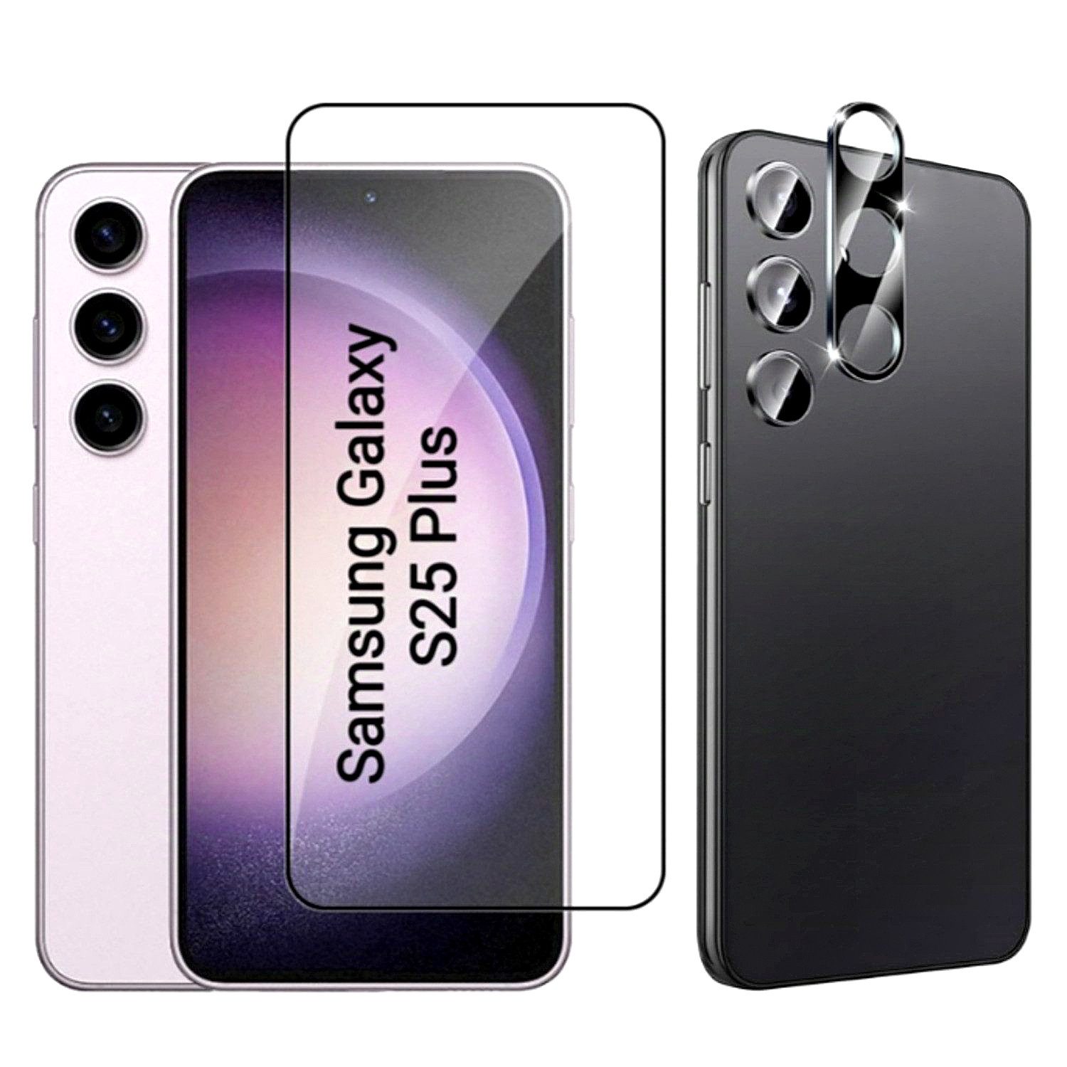 CLM-Tech Displayschutzglas 1X Schutzfolie für Samsung Galaxy S25 PLUS Panzerfolie 1X Kameraschutz für Samsung Galaxy S25+ 6,7 Zoll, 2er Set Kameraglas Panzerglas Displayschutz 9H Glas Folie, 2 Stück, Unterstützt Fingerabdruck-ID