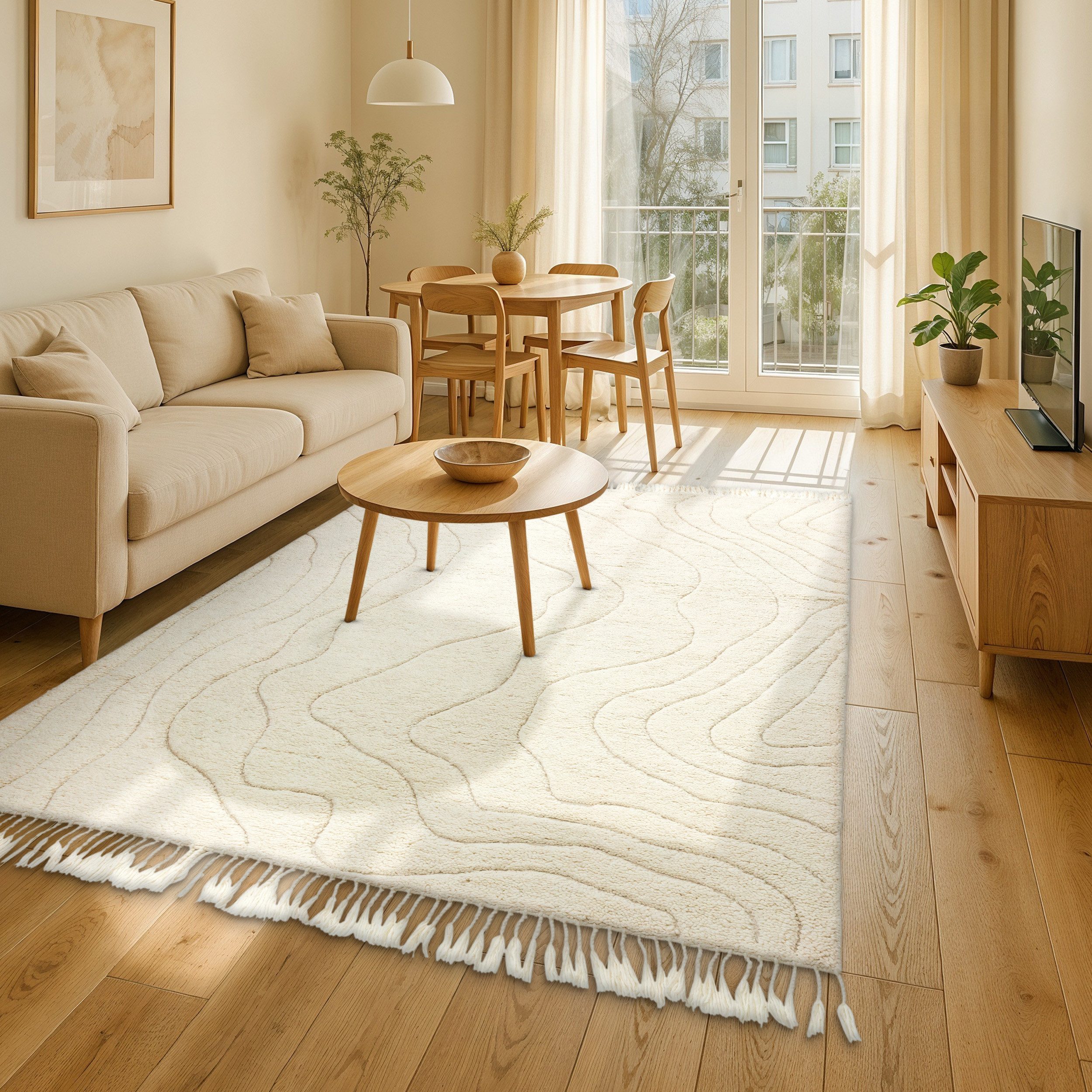 SCHÖNER WOHNEN-Kollektion Wollteppich Liora, rechteckig, Höhe: 20 mm, reine Wolle, Linien, mit Fransen, Ton in Ton, Wohnzimmer