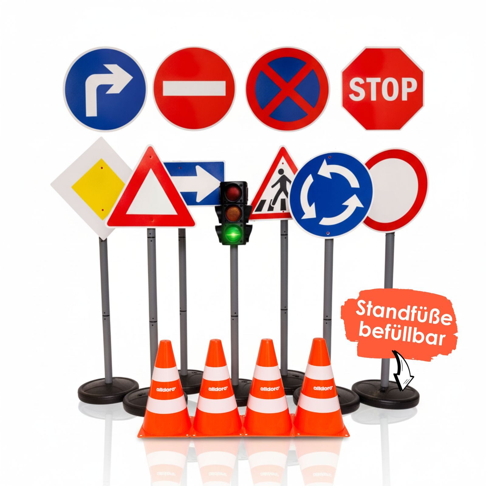 alldoro Spiel-Verkehrszeichen XXL Verkehrsset für Kinder - mit Ampel, 10 Schildern & 4 Pylonen, Standfüße befüllbar, großes Set für Verkehrserziehung und Rollenspiele