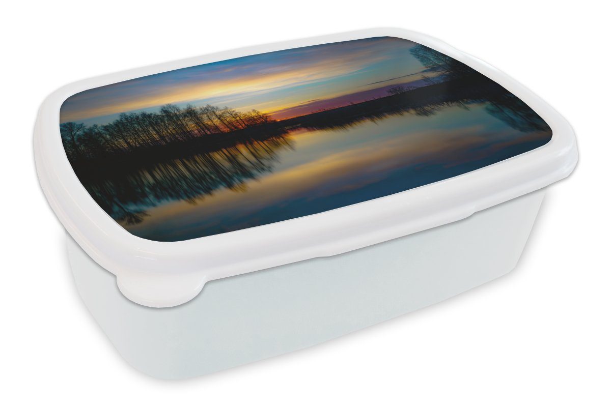 MuchoWow Lunchbox Wasser - See - Bäume - Sonnenuntergang - Natur, Kunststoff, (2-tlg), Brotbox für Kinder und Erwachsene, Brotdose, für Jungs und Mädchen weiß