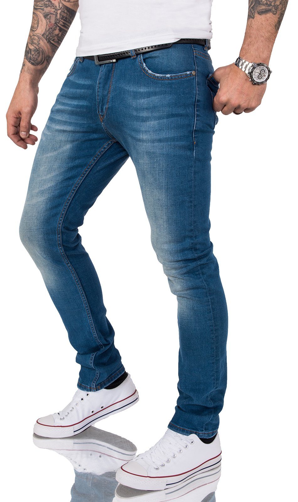 Gelverie Slim-fit-Jeans Herren Jeans Stonewashed Blau G-201 günstig online kaufen