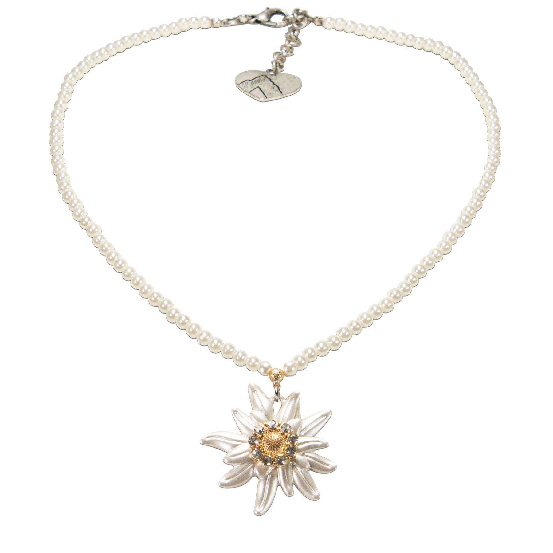 Alpenflüstern Collier Perlen-Trachtenkette Greta mit Strass-Edelweiß groß (creme-weiß), - Damen-Trachtenschmuck Dirndlkette