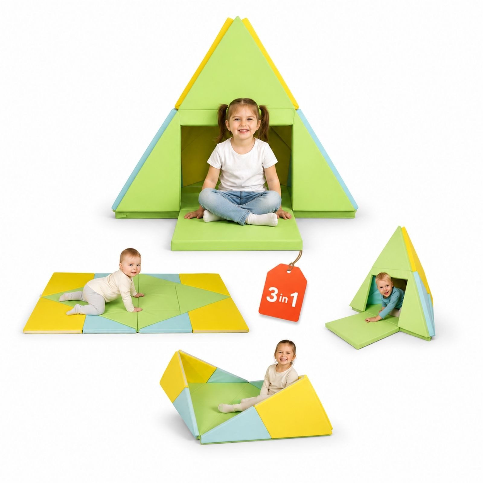 alldoro Spielmatte 3 in 1 Krabbelmatte faltbar zu Tipi-Zelt & Spielboot, für Kinder ab 0, Kunstleder abwischbar, 182 x 105 cm, 4 cm dick gepolstert, ungiftig