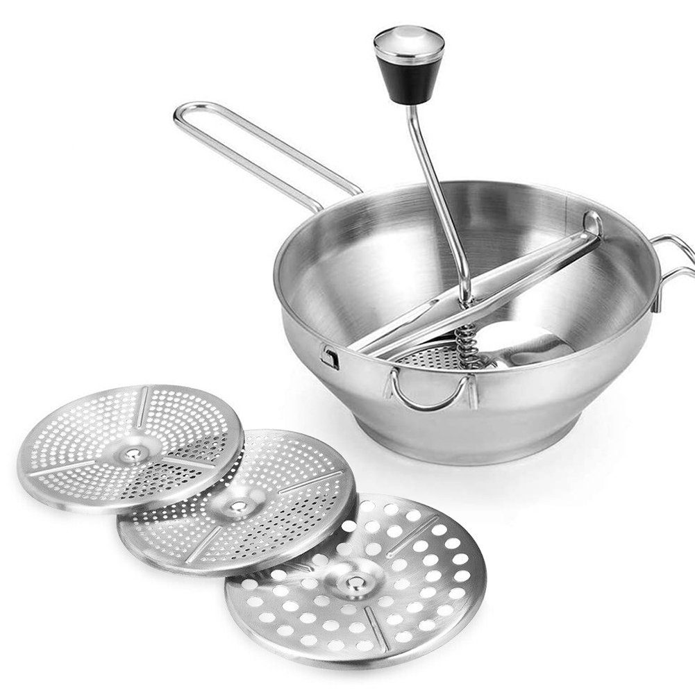 OSTWOLKE Passiersieb Passiergerät Edelstahl mit 3 Siebeinsatz Passiermühle, Edelstahl, (5-St), für Suppe Marmelade Baby Brei Saucen
