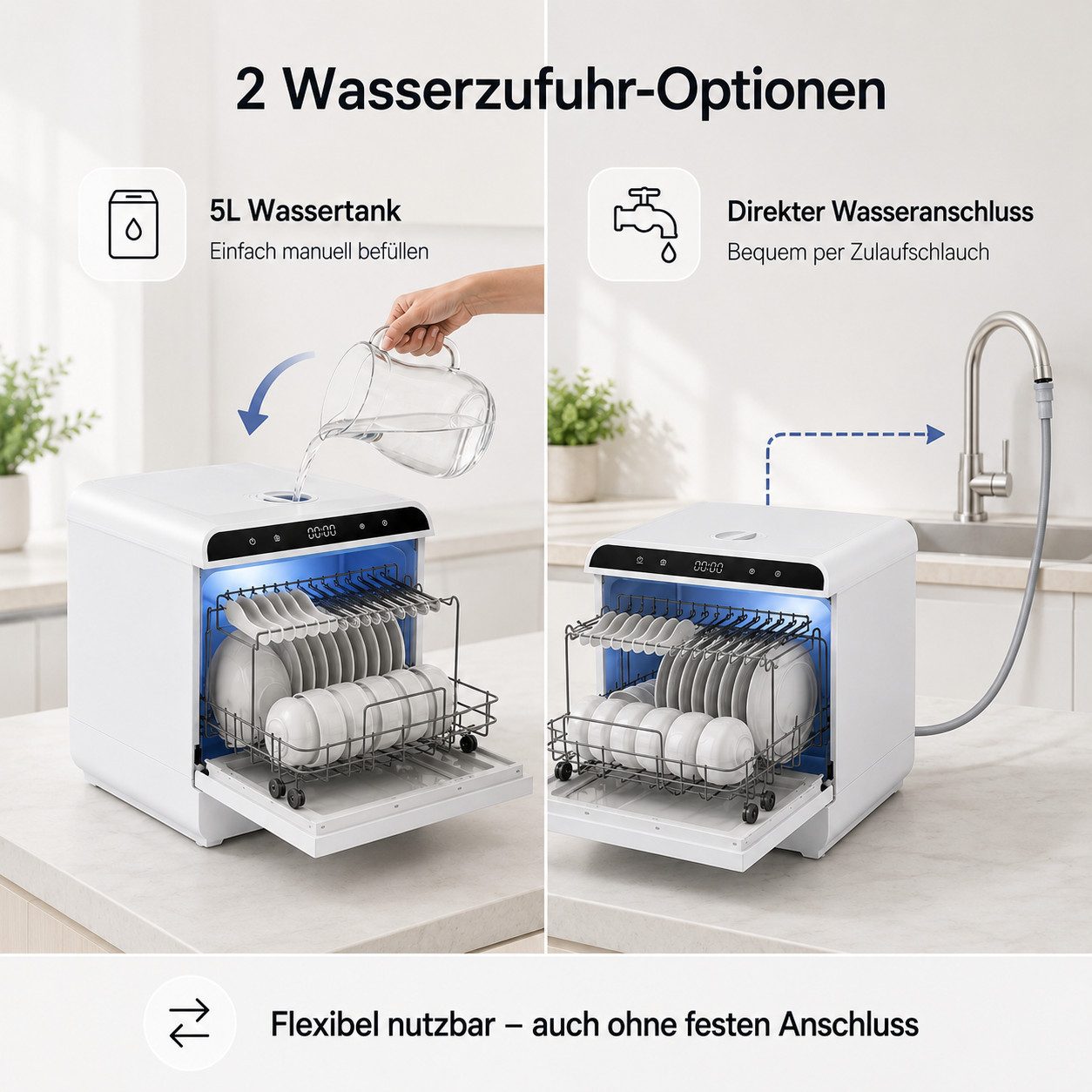 Fyrove Tischgeschirrspüler VTX02-VTX03, Doppelte Trocknung, flexibel mit Wassertank oder Wasseranschluss
