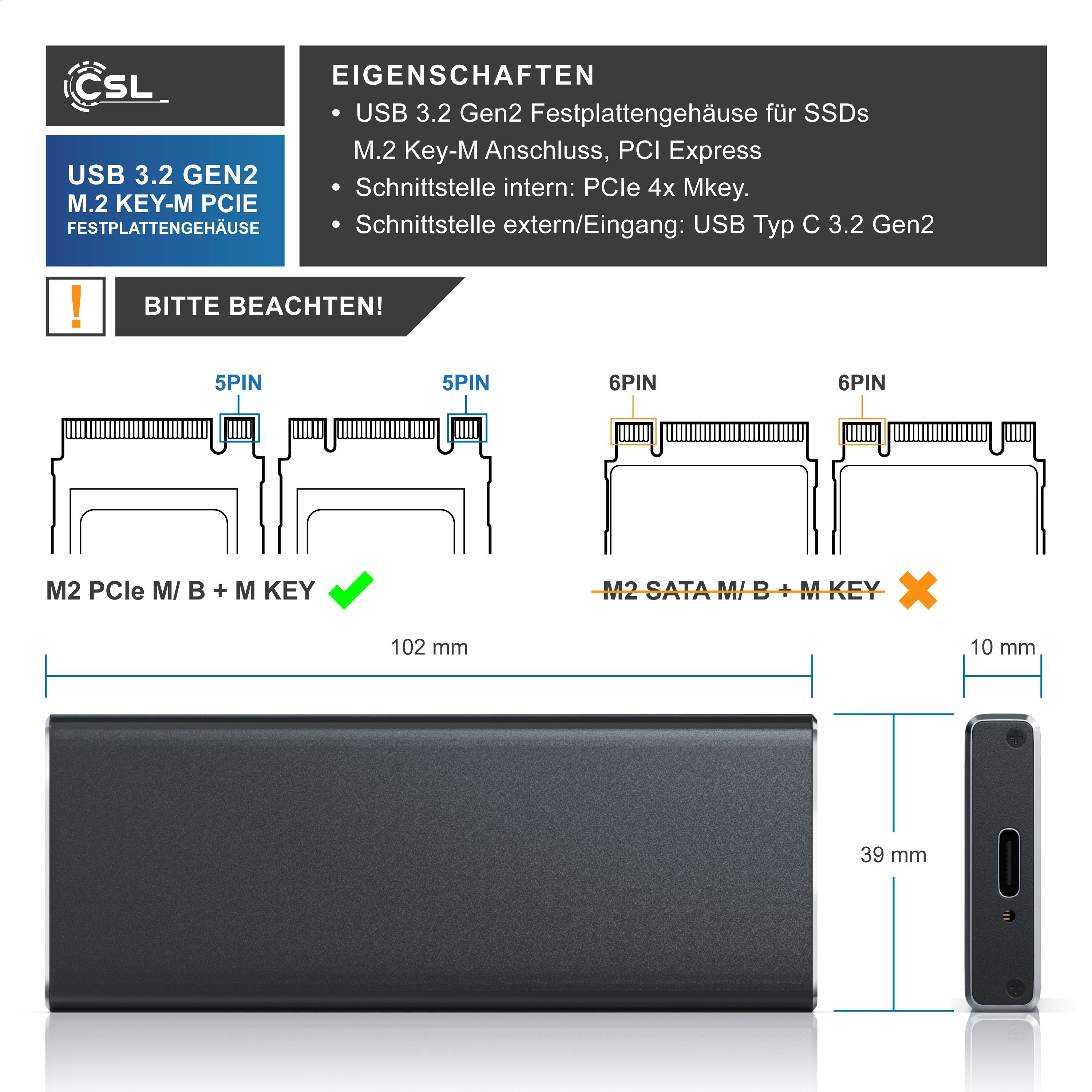 CSL Festplatten-Gehäuse für NVME M.2 SSDs, USB 3.2 Gen2 Festplattengehäuse aus Aluminium, M.2 Key-M PCIe extern, unterstützt UASP, Plug & Play, Typ C auf Typ A