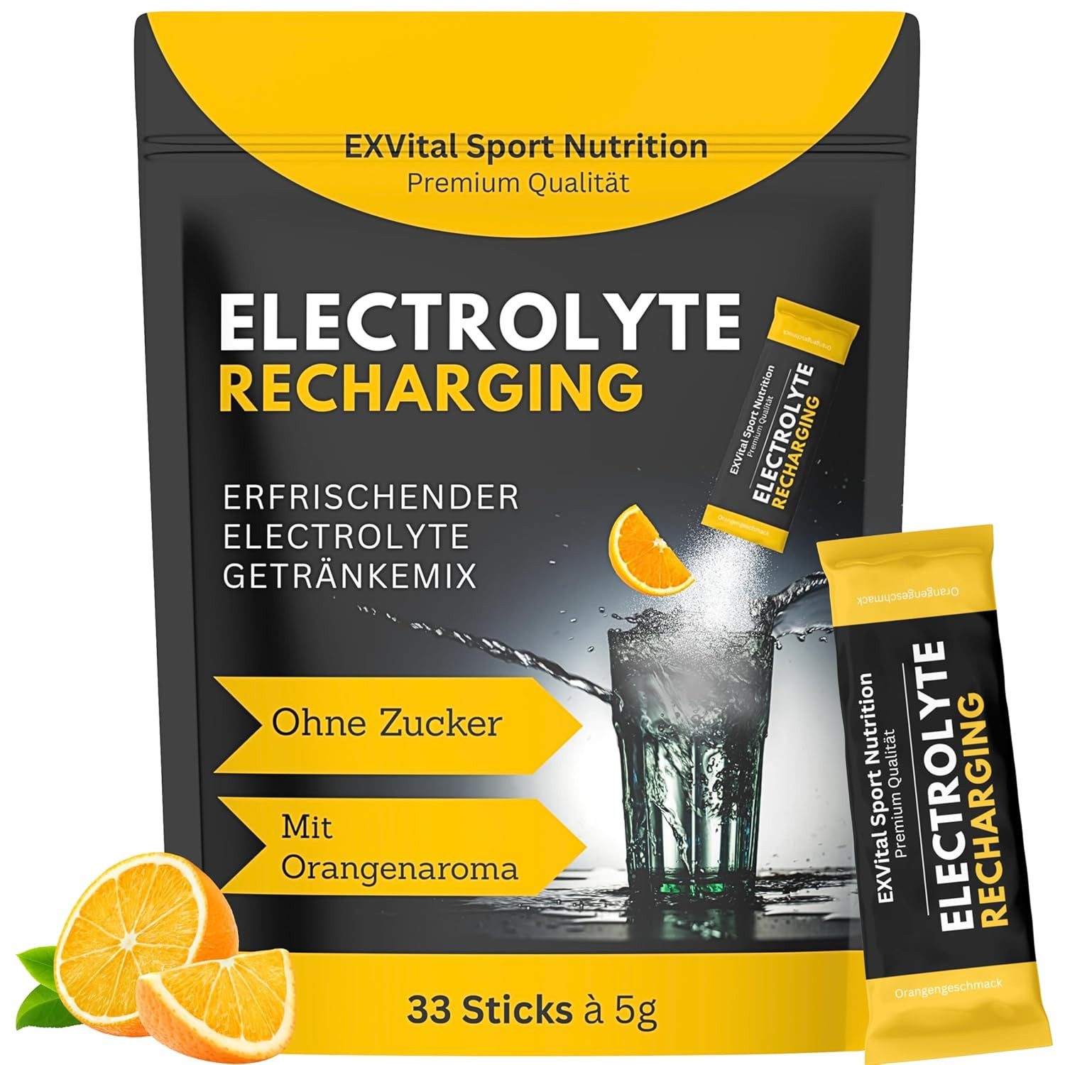 Elektrolyte Pulver, 33 Sticks mit Orangengeschmack, Vegan & zuckerfrei Pulver, 165 g