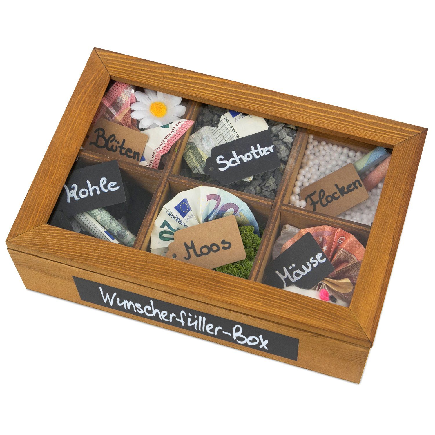 SURPRISA Geschenkbox Schotter Schatulle - kreative Verpackung für Geldgeschenke, Geschenkbox mit 6 Fächern zum Geburtstag, Abitur oder zur Hochzeit