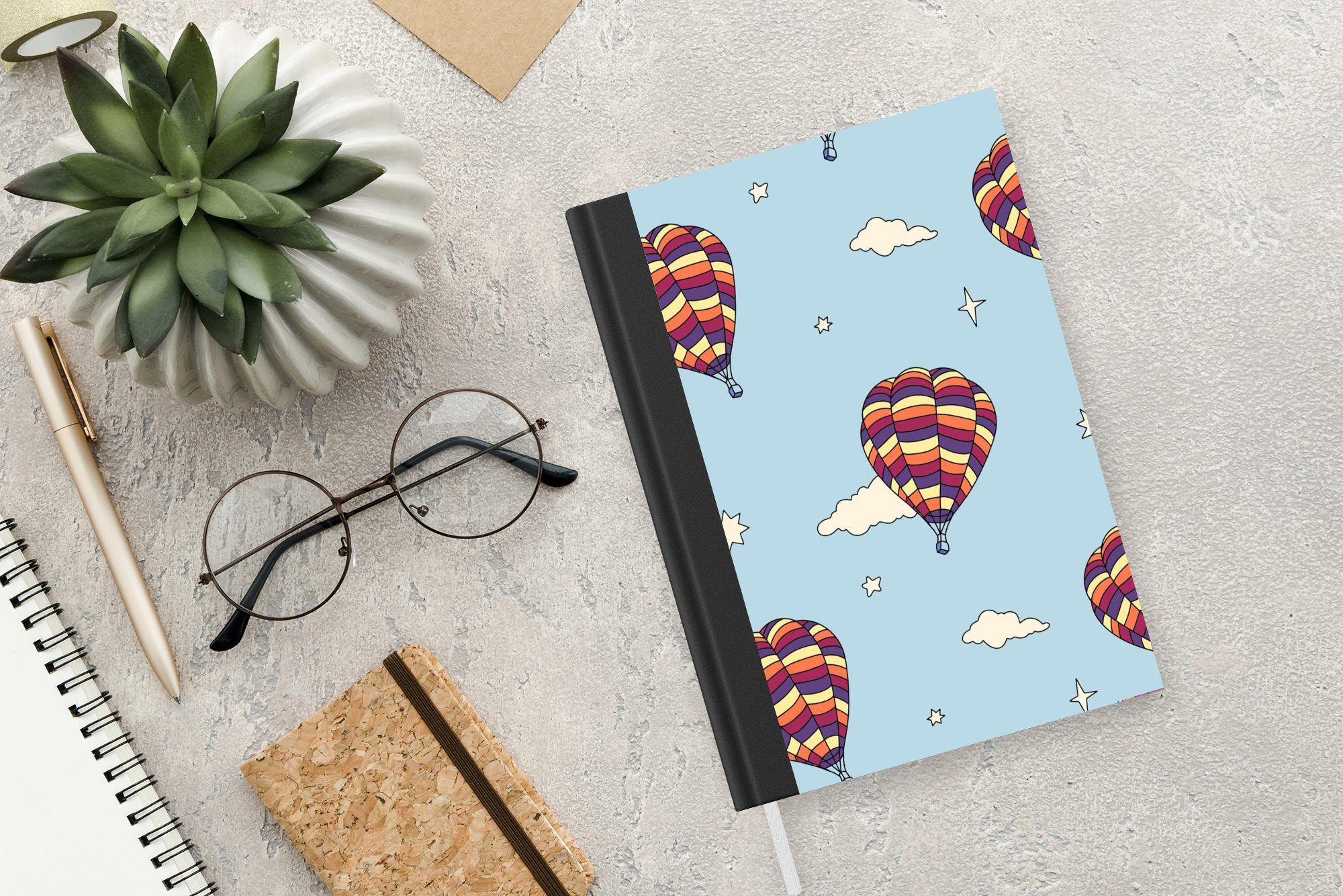 MuchoWow Notizbuch Design Tagebuch, 98 Notizheft, - Seiten, A5, - Haushaltsbuch Heißluftballon, Vintage Merkzettel, Journal