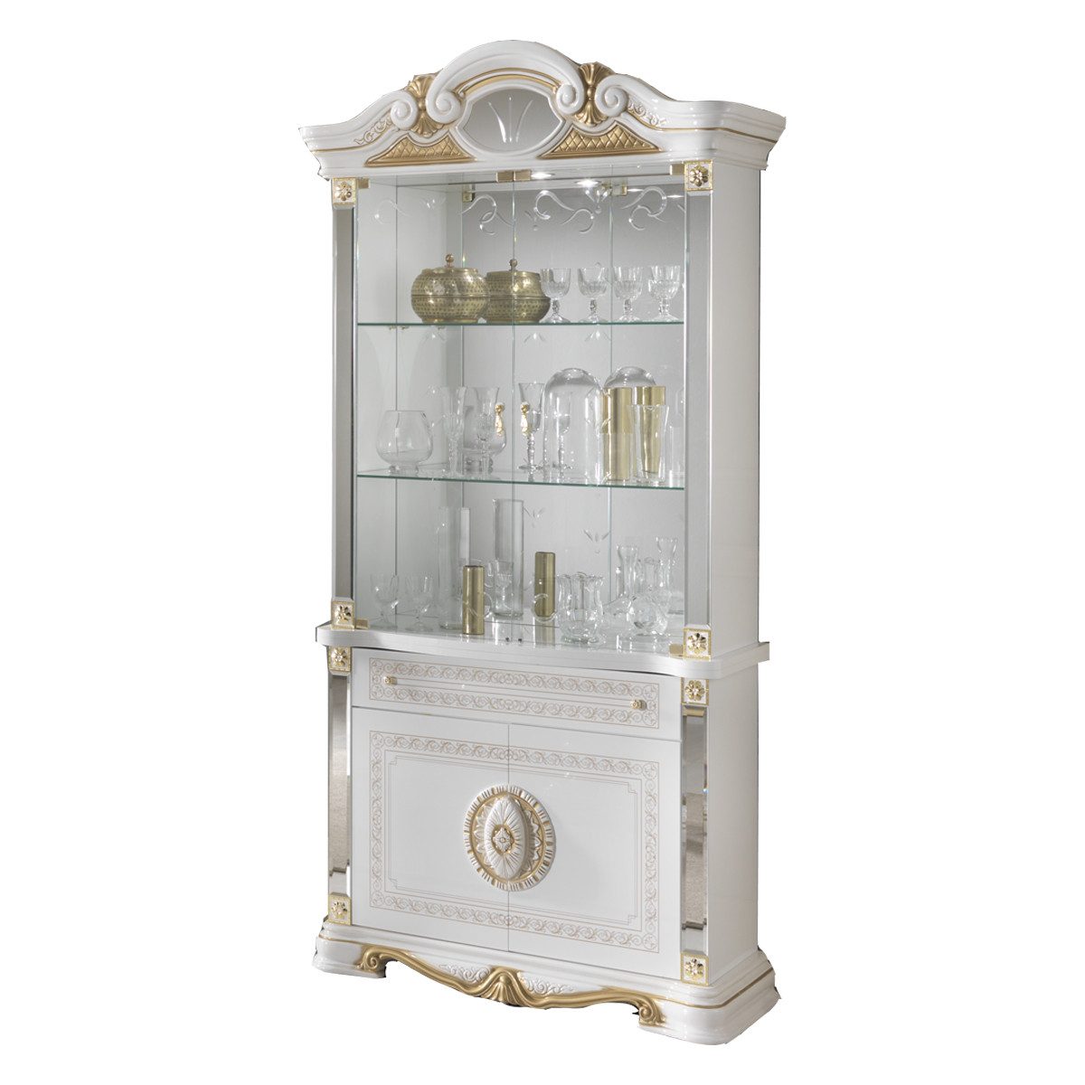 Interdesign24 Glasvitrine Bella (4-Türig, im Barock-Stil, mit Goldverzierungen) in Weiß/Gold Hochglanz