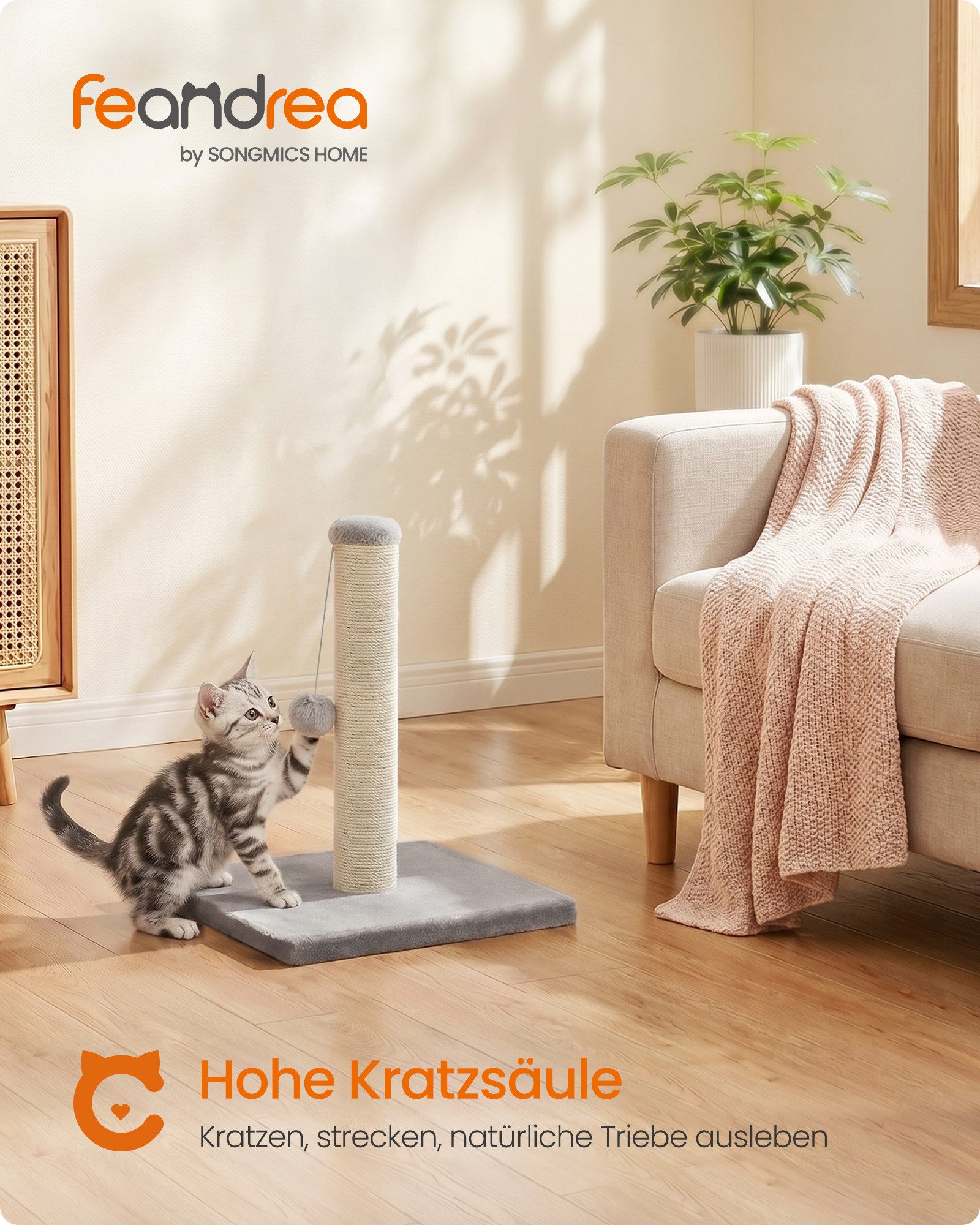 FEANDREA Kratzbaum aus Natürlichem Sisal mit Spielzeug, Möbelschutz für Große Katzen, 44 cm Hoher Stabiler Kratzbaum, 40 x 40 x 44 cm