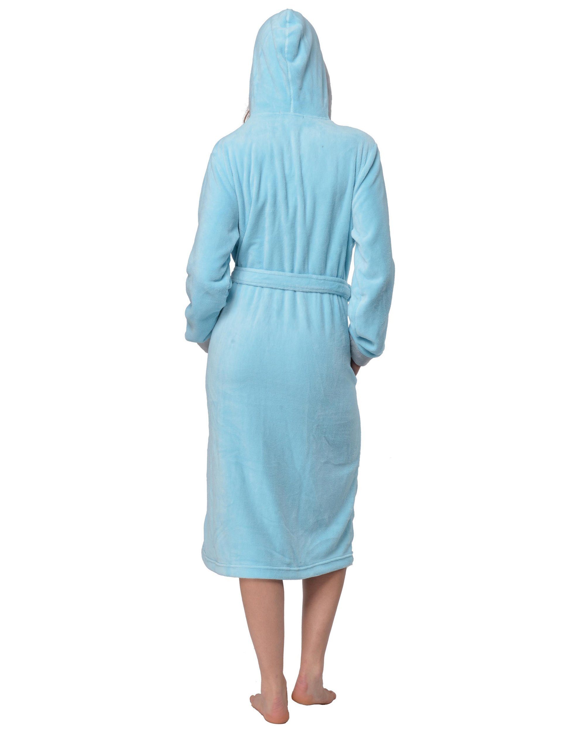 RAIKOU Damenbademantel Damen Bademantel mit Kapuze Coral-Fleece Flausch Relax Kuschel, Kapuze, Gürtel, atmungsaktiv leicht