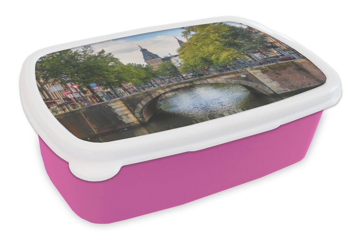 MuchoWow Lunchbox Amsterdamer Architektur an der Spiegelgracht, Kunststoff, (2-tlg), Brotbox für Erwachsene, Brotdose Kinder, Snackbox, Mädchen, Kunststoff rosa