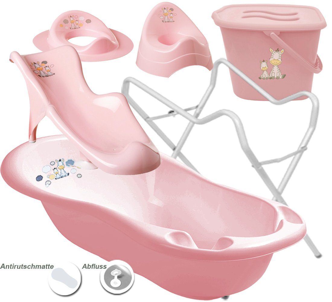 Maltex Babybadewanne 5 Teile SET - Zebra Rosa + Ständer Weiss -Baden, (Premium-Set 5 tlg+Gestell), Wanne +Sitz +Töpfchen +WC Aufsatz +Eimer +Gestell