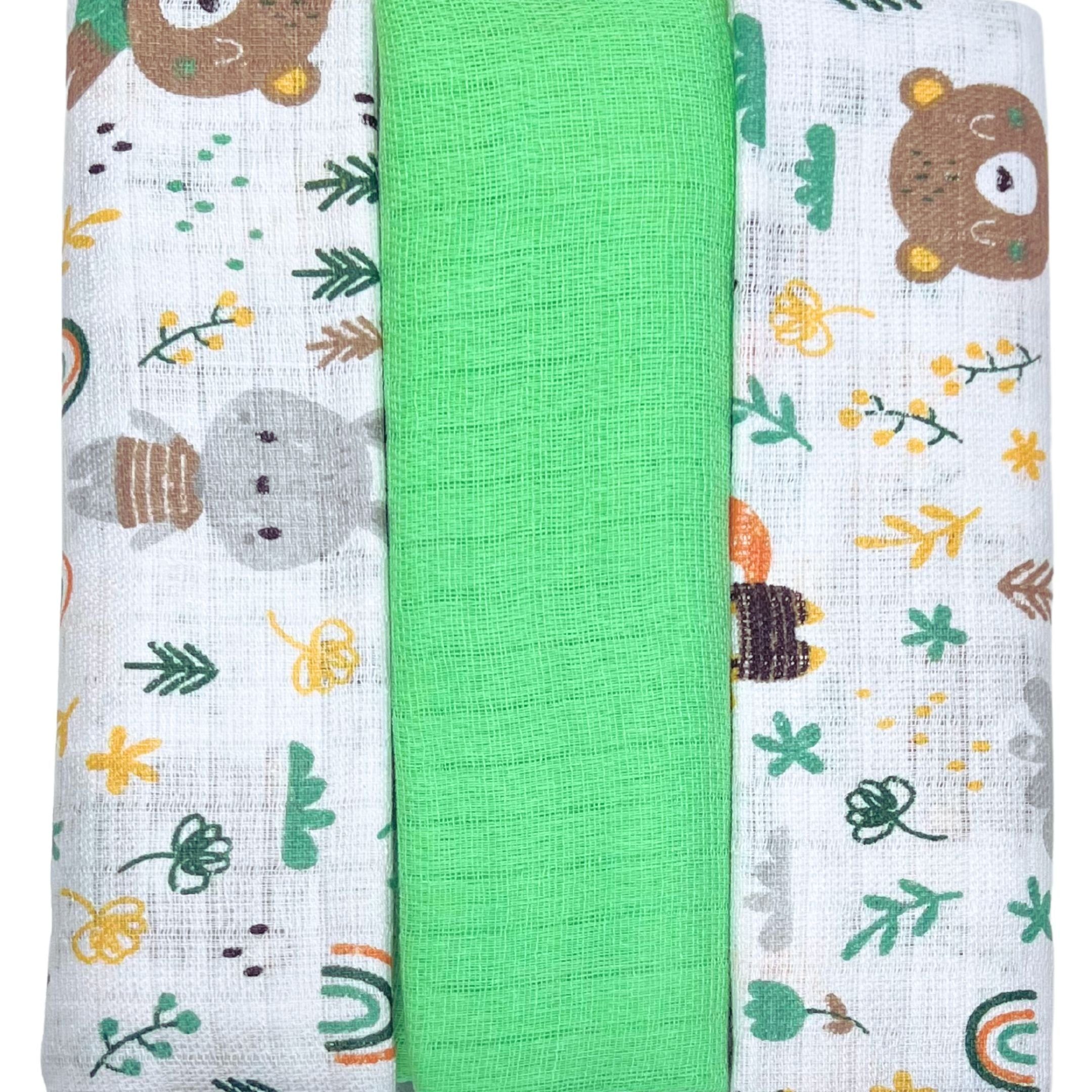 Babymajawelt Spucktuch Baby Mullwindeln buntes Wald - Spucktücher 70x80, 3er Pack grün, Besonders hautfreundlich und atmungsaktiv, eignet sich als Halstuch