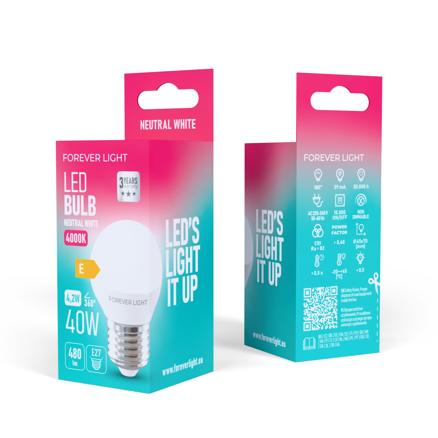 Forever Light LED-Leuchtmittel Lampe E27 G45 4.2W 480lm Neutralweiß 4000K Energieklasse E, 1 St., Neutralweiß, Kompakte G45 Globusform
