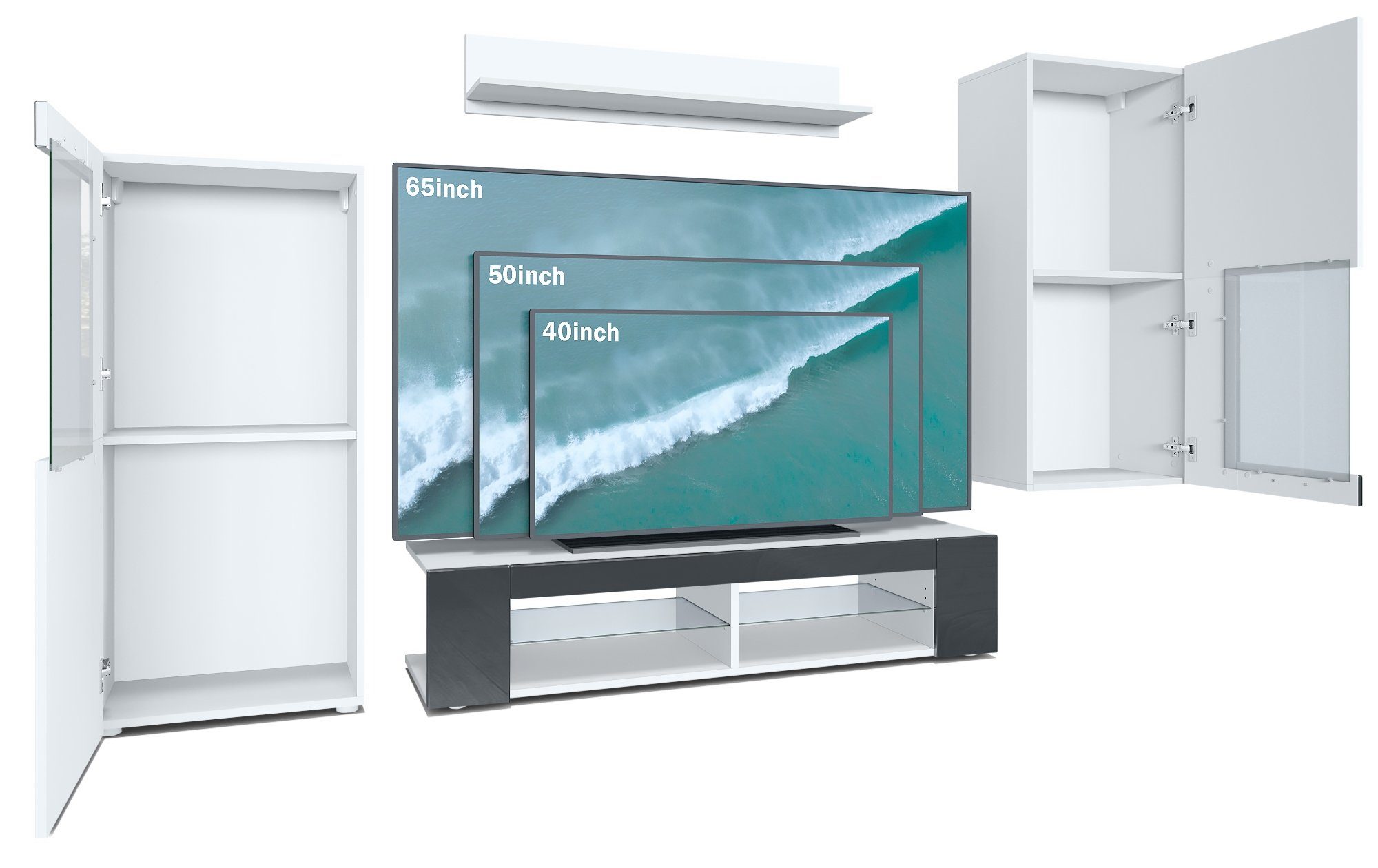 Vladon Wohnwand Movie, (Anbauwand, bestehend aus 1 TV-Board, 2 Vitrinen und 1 Regal), Weiß matt/Weiß matt/Brombeer Hochglanz (Gesamt: 300 x 190 x 39 cm)