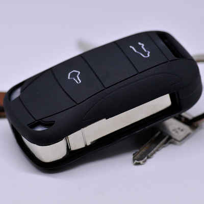 mt-key Schlüsseltasche Autoschlüssel Softcase Silikon Schutzhülle Schwarz, für Porsche Cayenne 955 9PA 2002-2012 2 Tasten Klappschlüssel