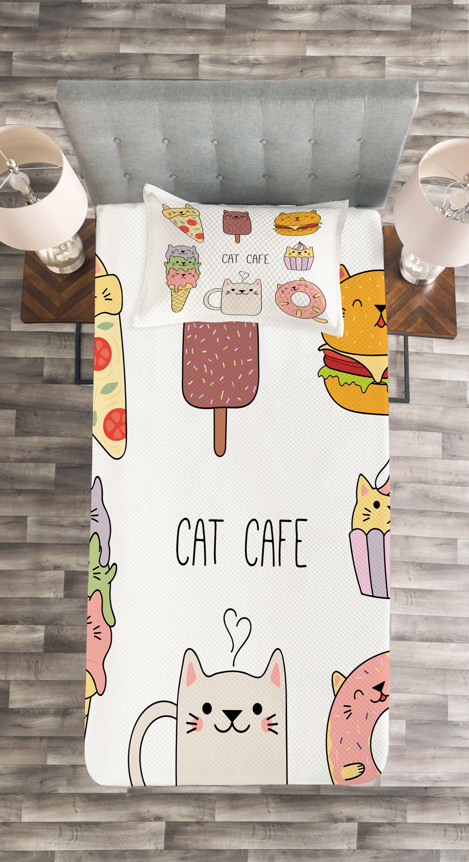 Katzen Speisen Abakuhaus, Set Kissenbezügen Cafe Karikatur Shapes Waschbar, mit Tagesdecke
