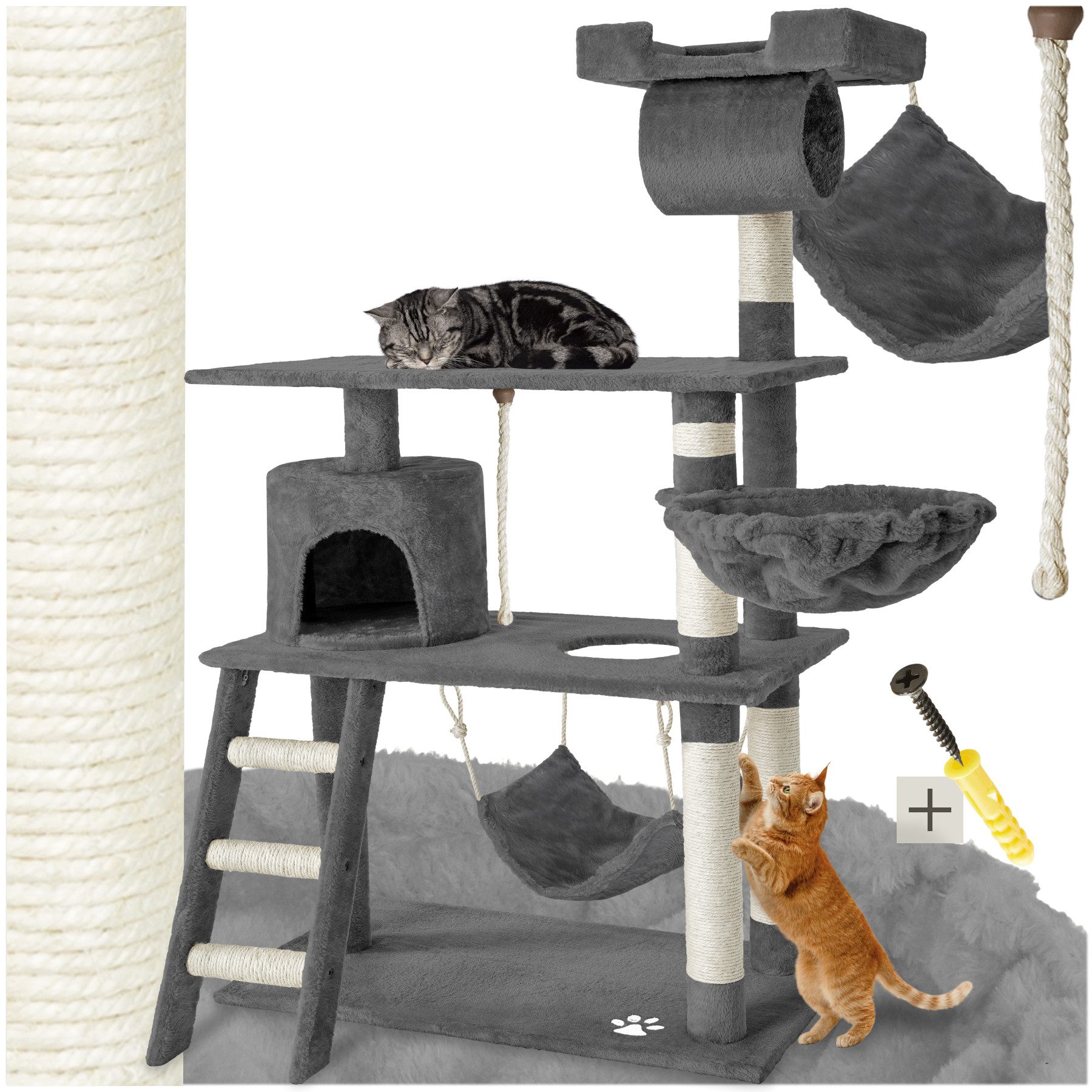 tectake Kratzbaum Spiel- und Kuschelparadies für Katzen mit Aussichtsplätzen, Aus strapazierfähige Plüsch-Sisal-Kombination von TECTAKE