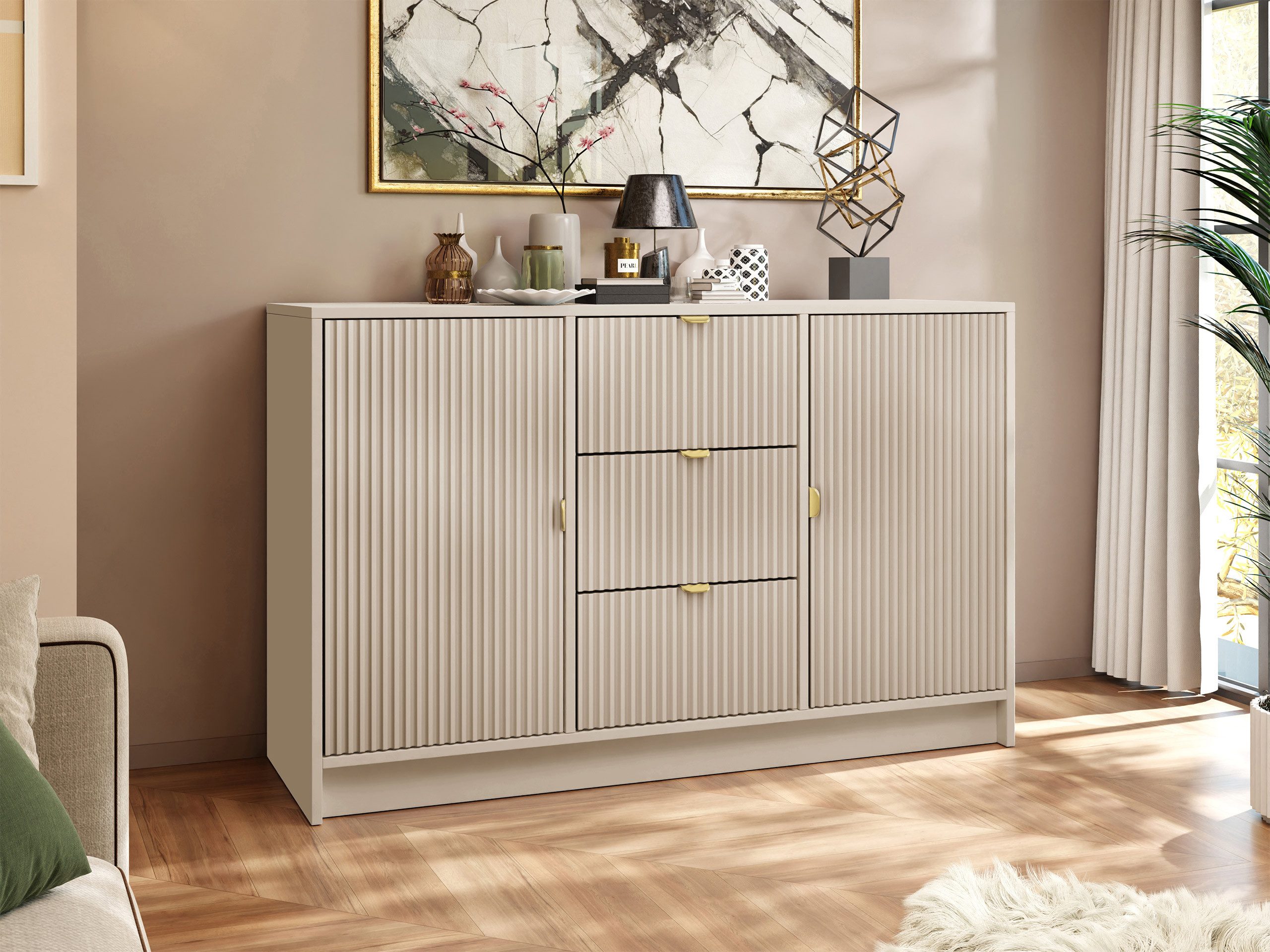 MIRJAN24 Kommode Tireno 2D3SZ (mit zwei Drehtüren und drei Schubladen), Aluminiumgriff in der Farbe Gold