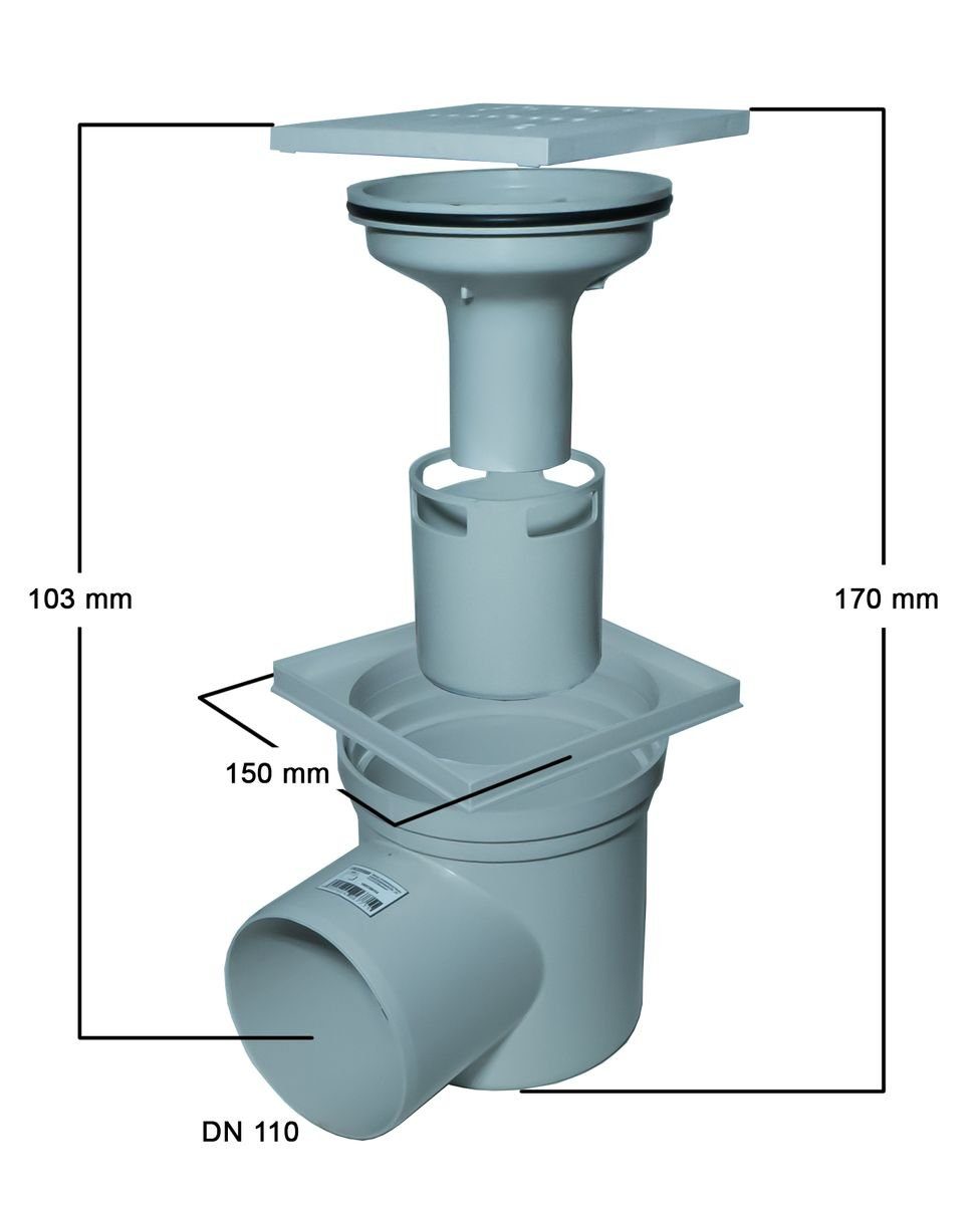 Marley Deutschland GmbH Haus- und Hofablauf DN110 Kellerablauf 150x150mm mit drehbarem Aufsatz, Art. 067711 inkl. Geruchsverschluss