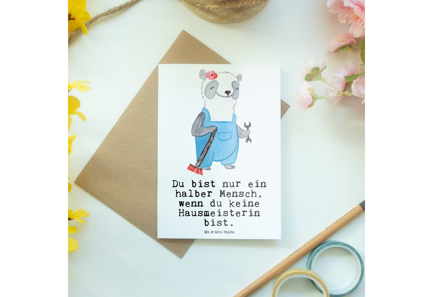 Thumbnail - Mr. & Mrs. Panda Grußkarte Hausmeisterin Herz - Weiß - Geschenk, Karte, Glückwunschkarte, Klappk, Herzberührende Sprüche