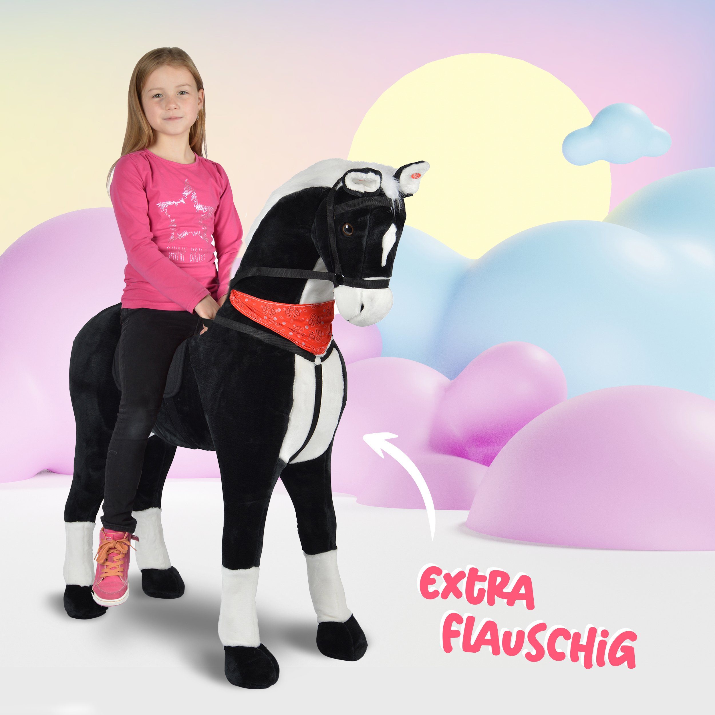 Pink Papaya Stehpferd Giant XXL 125 cm Kinder Stehpferd zum Reiten Plüschpferd, Fast lebensgroßes Spielpferd mit Sounds bis 100kg belastbar