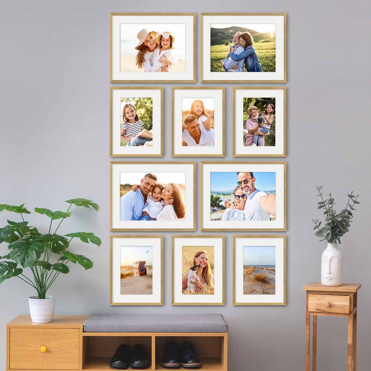 PHOTOLINI Bilderrahmen Set mit cm Modern Schmal Gold 40x50 und 30x40 10er cm Passepartout