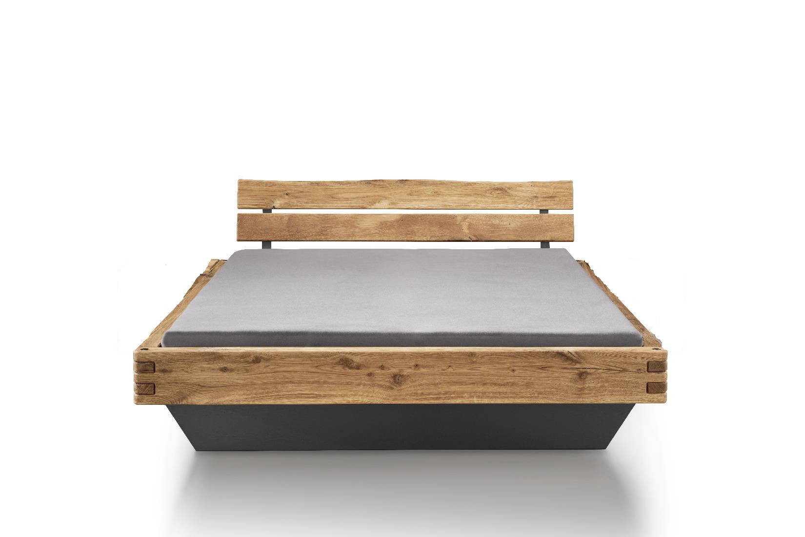 TPT Möbel Massivholzbett Eichenwacht Balkenbett, Schwebeunterbau und Baumkante Kopfteil