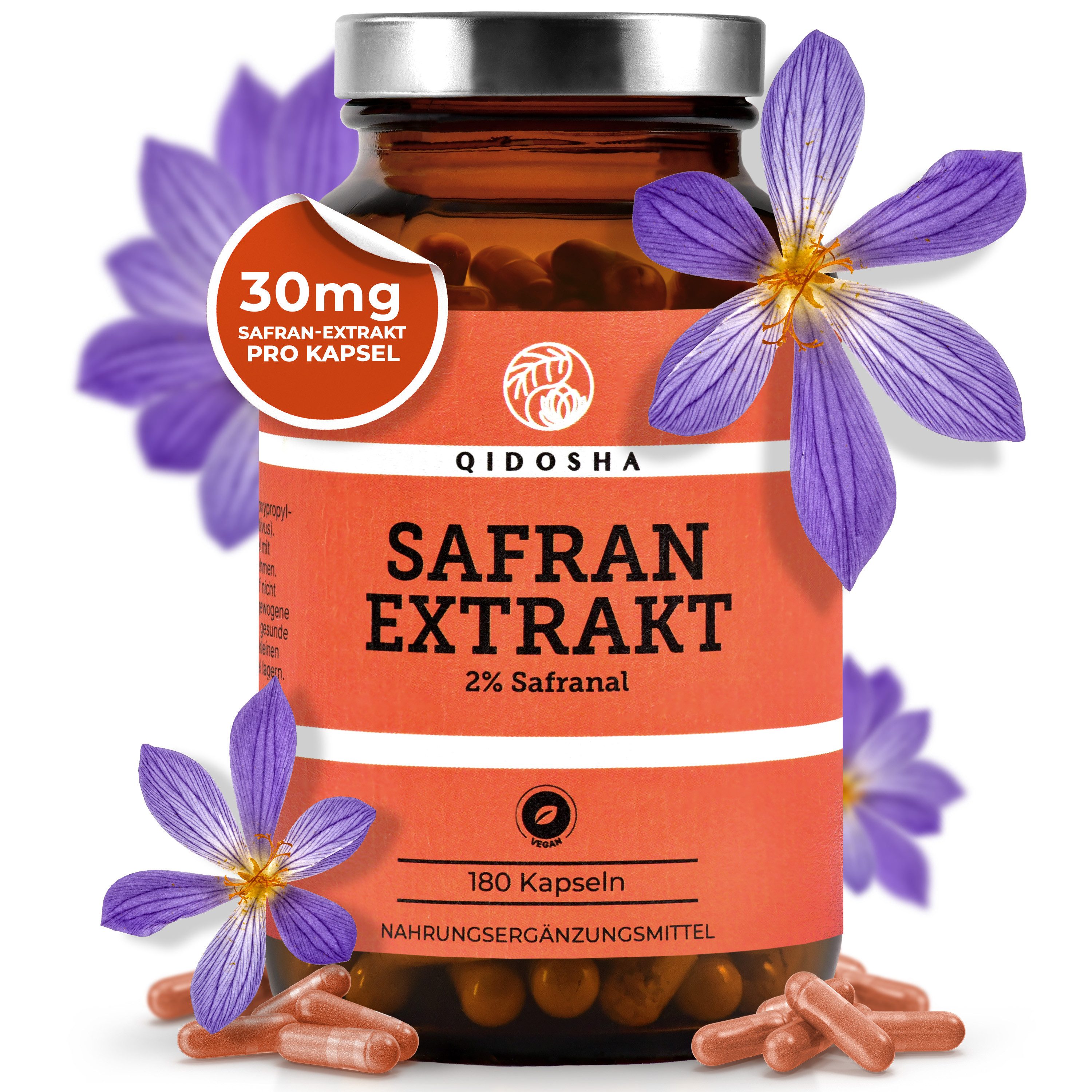 QIDOSHA Premium Safran Kapseln 30 mg - Safranal & Crocin, Vegan & Laborgeprüft Hartkapsel, 1 er 6-Monatsvorrat Safran-Extrakt Kapseln - Stimmung & Vitalität à 180 St., 35,5 g, Natürlicher Safran-Extrakt Crocus sativus Stimmung; Wohlbefinden Boost