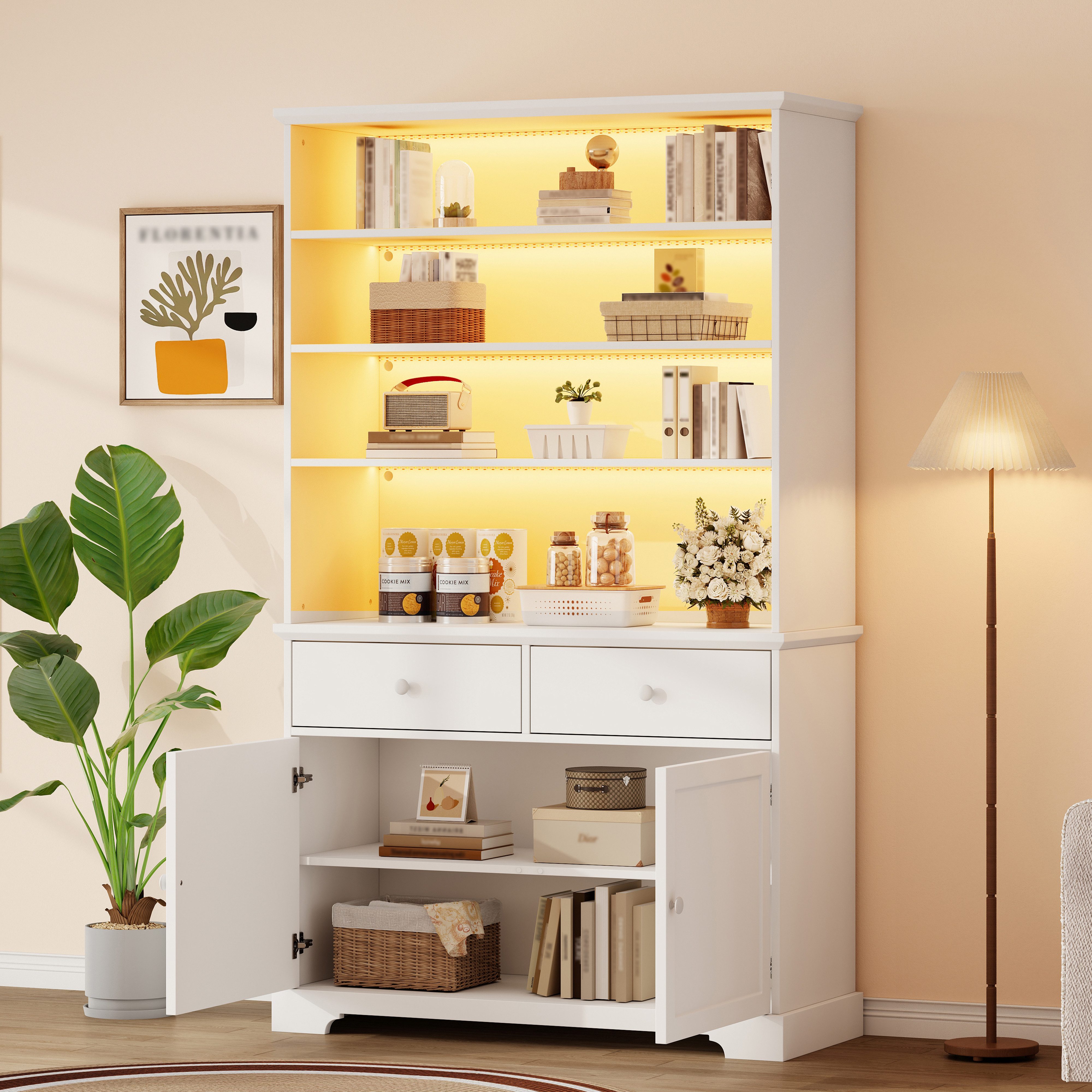 Merax Standvitrine mit LED-Beleuchtung (Standregal Wohnzimmerschrank für Wohnzimmer und Esszimmer, 1-St., 100x38x170cm) Vitrine mit 2 Türen, 7 Aufbewahrungsbereiche & 2 Schubladen